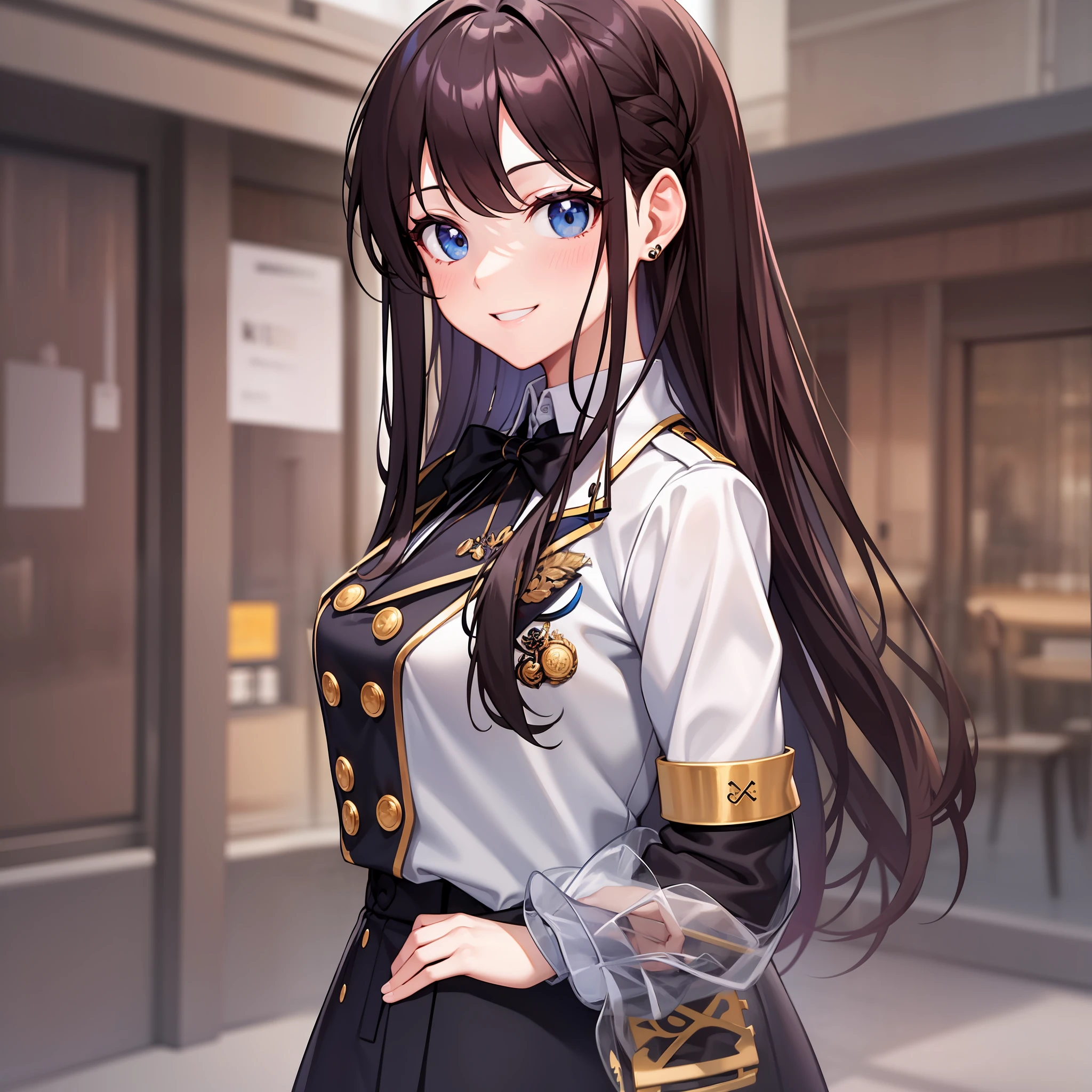Blazer uniform, standing, 1 girl, 8k, white shirt, black jacket, High Quality, look at the viewer, smiling