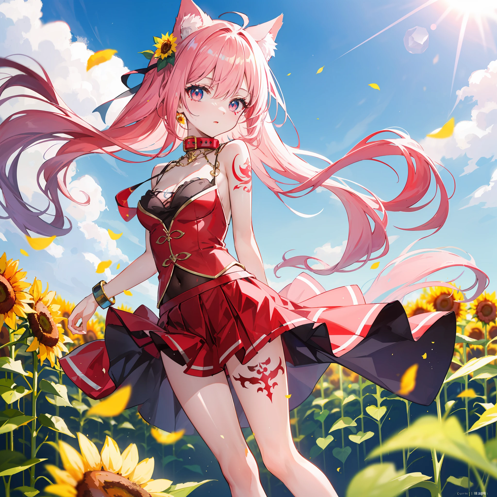 Top quality, masterpiece, high resolution, highly detailed, 8k, one girl, cute, anime, crystal clear white skin, sensual, full-body, young, junior high school, , child, (hairr is shiny light pink), sunflower field spread all over the screen, cat-eared girl, (looks like a concubine), iron collar, iron bangle, under the sun, low angle, skirt lift, wind, tattoos on arms and legs, tattoos, An ancient city in the sky (right eye red and left eye blue), miniskirt