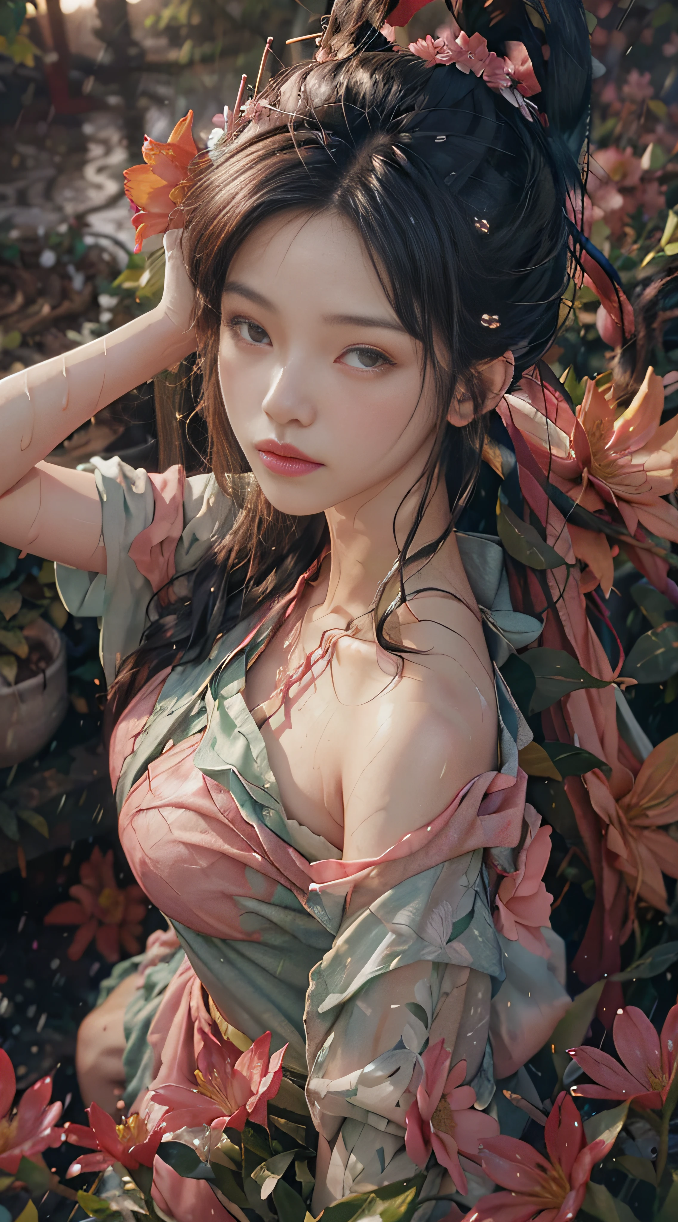 ((from above)), ((bust photo)), ((head wearing flowers)), ((leafy clothes)), ((raining)), ((soaked clothes)) (escort), outdoors, in tea tree fields, bare shoulders, windy, pink clothes