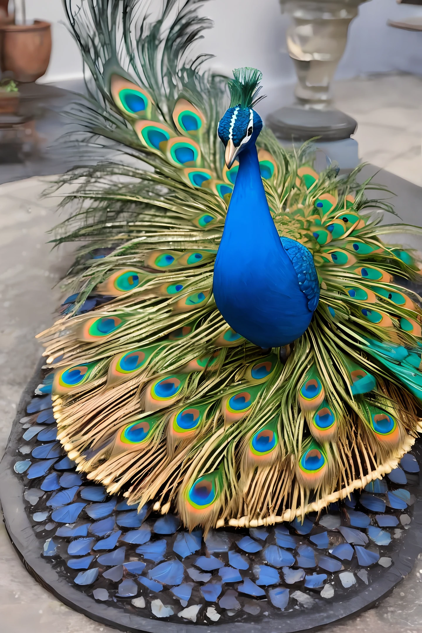 Peacock sculpture blue long tail