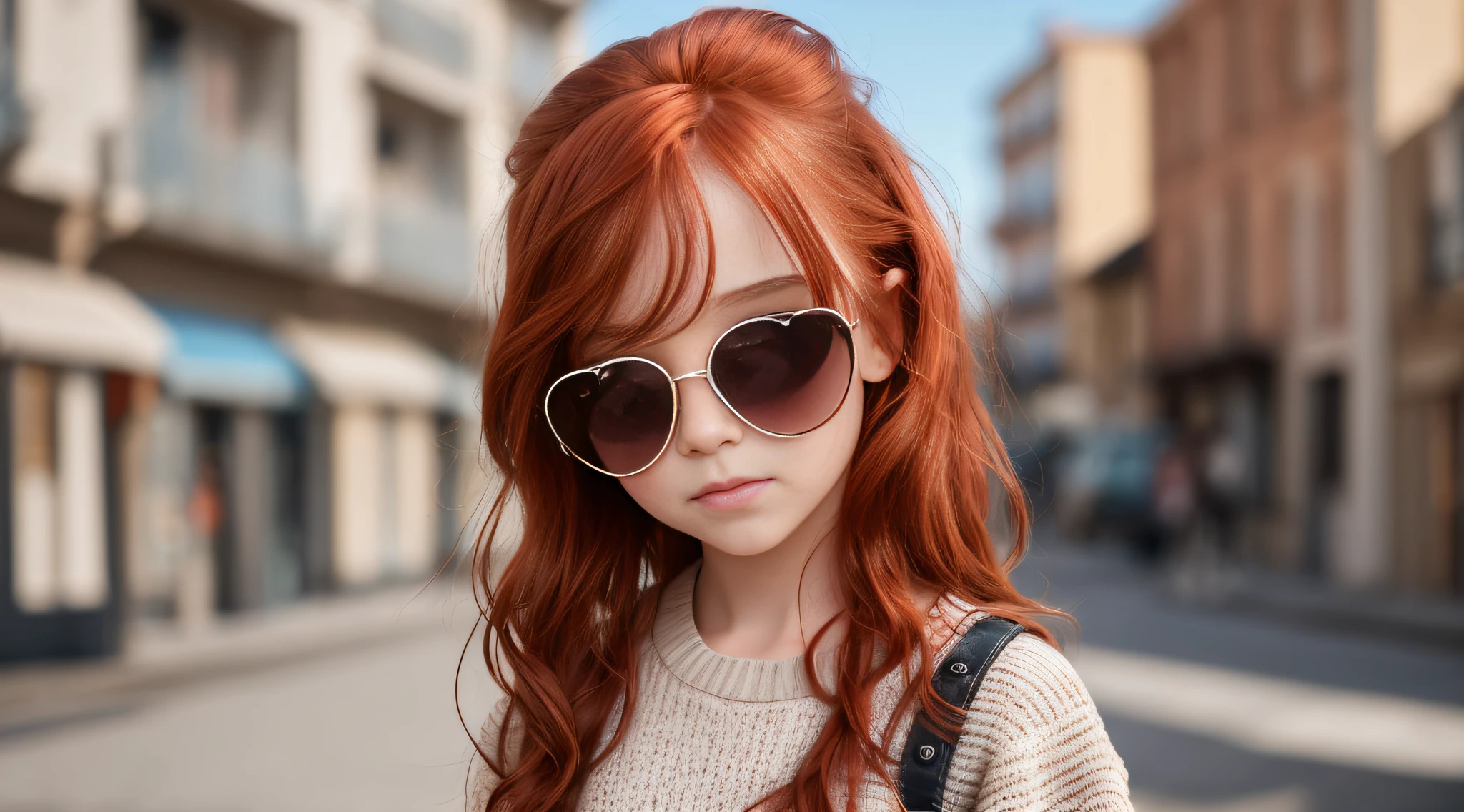 girl REDHEAD CHILD, with sunglasses and heart sweater looking at the camera, with sunglasses, cute redhead girl, with dark brown sunglasses, wearing cool sunglasses, with sunglasses, girl with red hair, wearing mirrored sunglasses, red-haired girl, sunglasses, portrait of a girl with red hair, wearing sunglasses, full subject shown in photo, girl with red hair