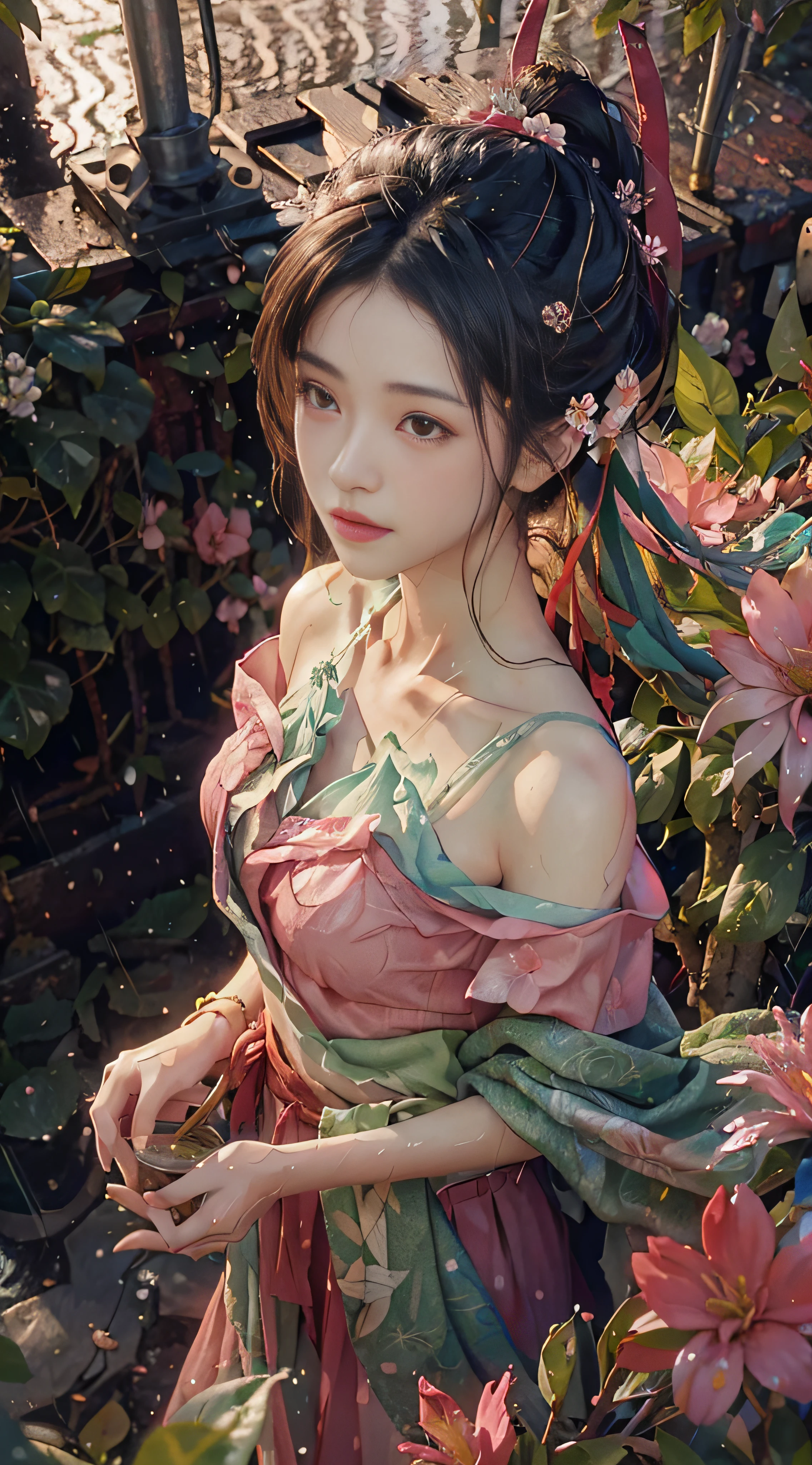 ((from above)), ((bust photo)), ((head wearing flowers)), ((leafy clothes)), ((raining)), ((soaked clothes)) (escort), outdoors, in tea tree fields, bare shoulders, windy, pink clothes