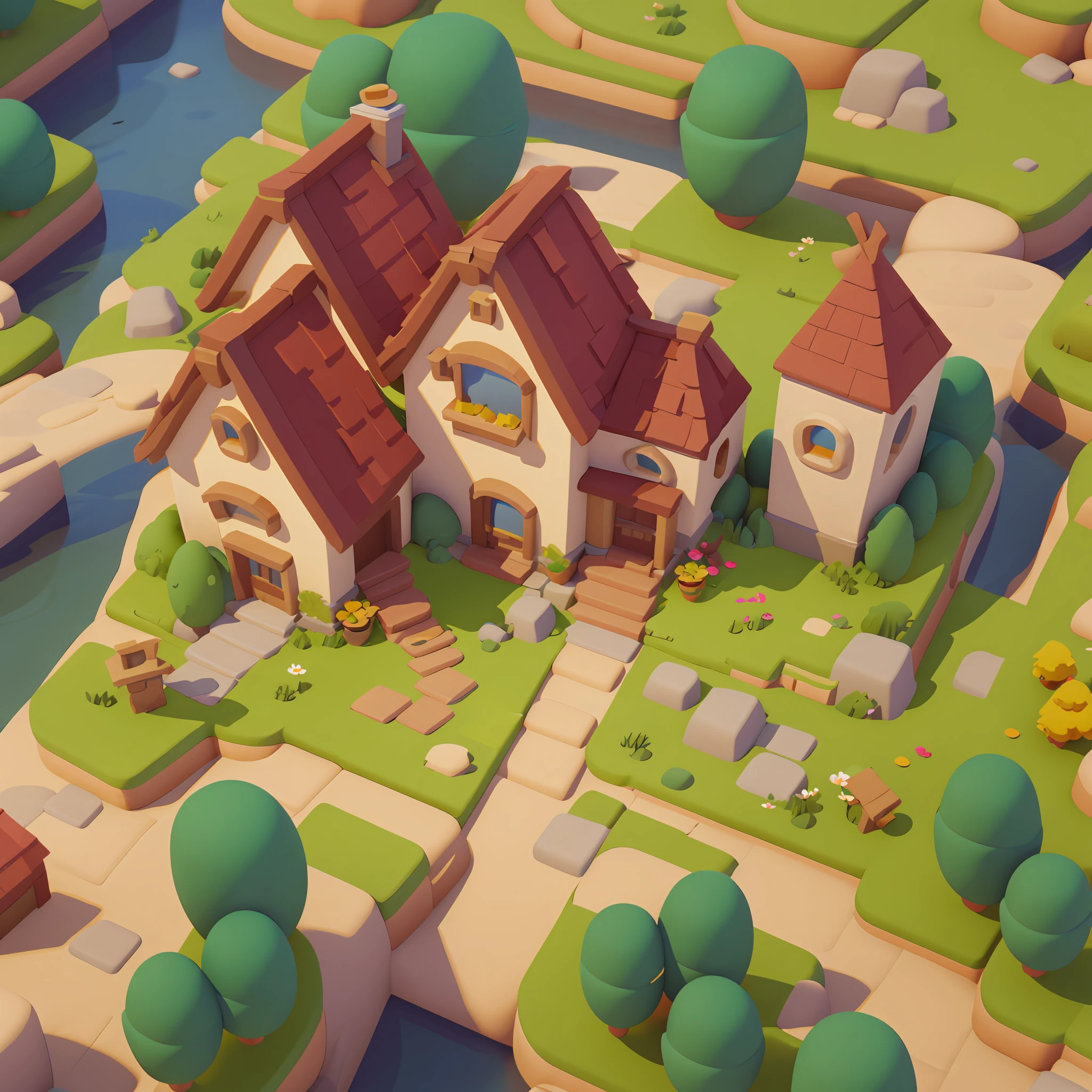 Game architectural design, cartoon, town, stone, brick, meadow, river, flowers, casual game style, 3d, blender, masterpiece, super detail, best quality