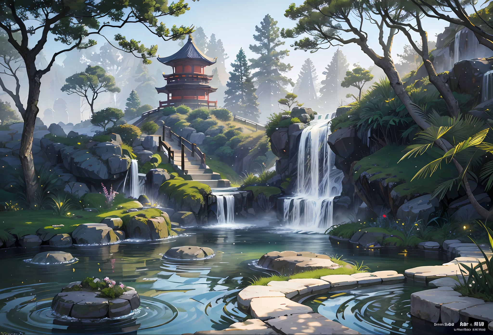 Ancient Chinese architecture, moon, midnight, zen garden, bamboo, lake, stone bridge, rockery, arch, corner, tree, flowing water, landscape, outdoor, waterfall, meadow, rock, water lily, hot springs, water vapor, (Illustration: 1.0), epic composition, realistic lighting, HD detail, masterpiece, the best quality, (very detailed CG unified 8k wallpaper),