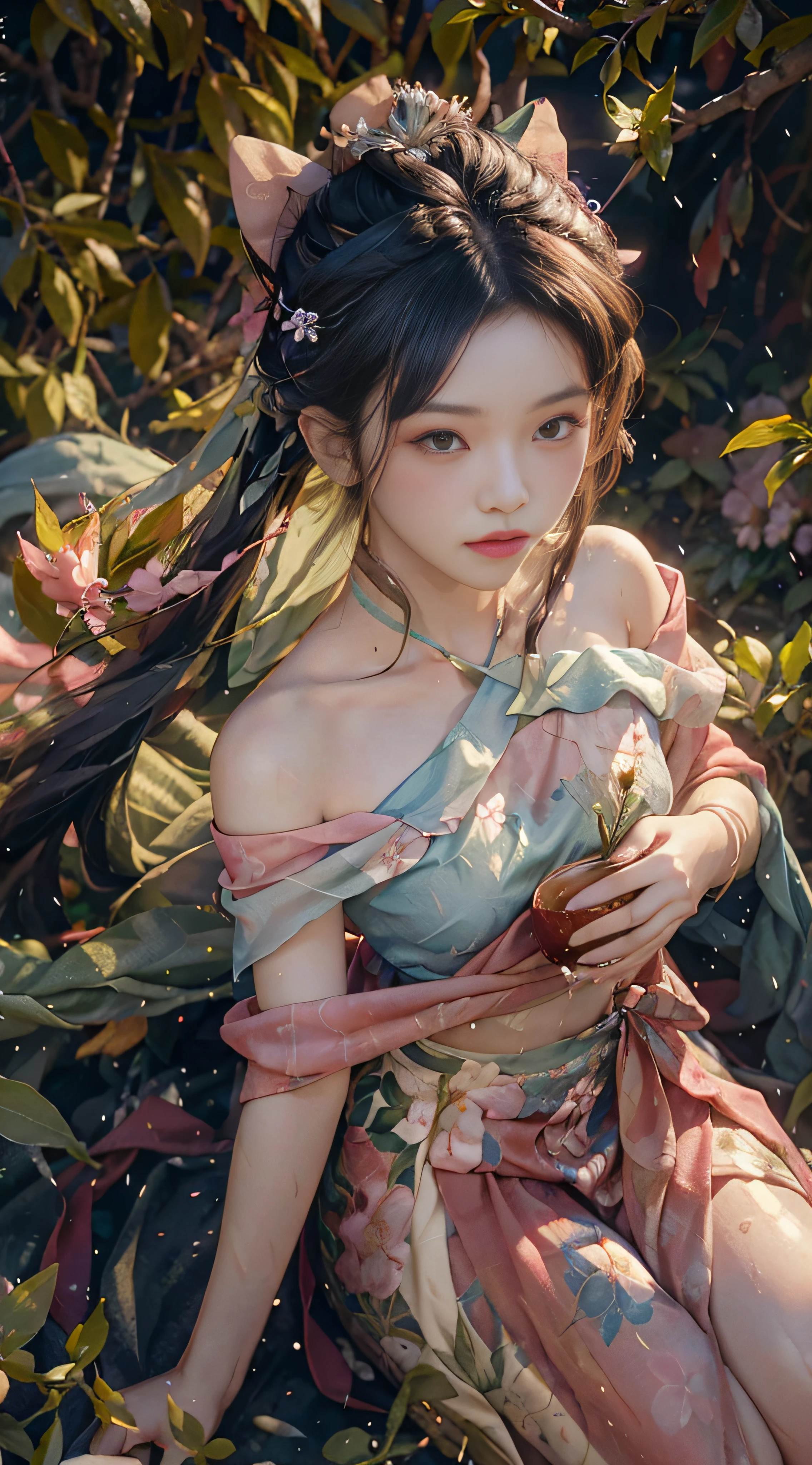 (from above), (tea picker), big clouds, blue sky, rice fields, fairy air fluttering, in the tea tree field, bare shoulders, ((with flowers on the head)), ((leaf clothes)), rain, soaked clothes, windy, pink clothes