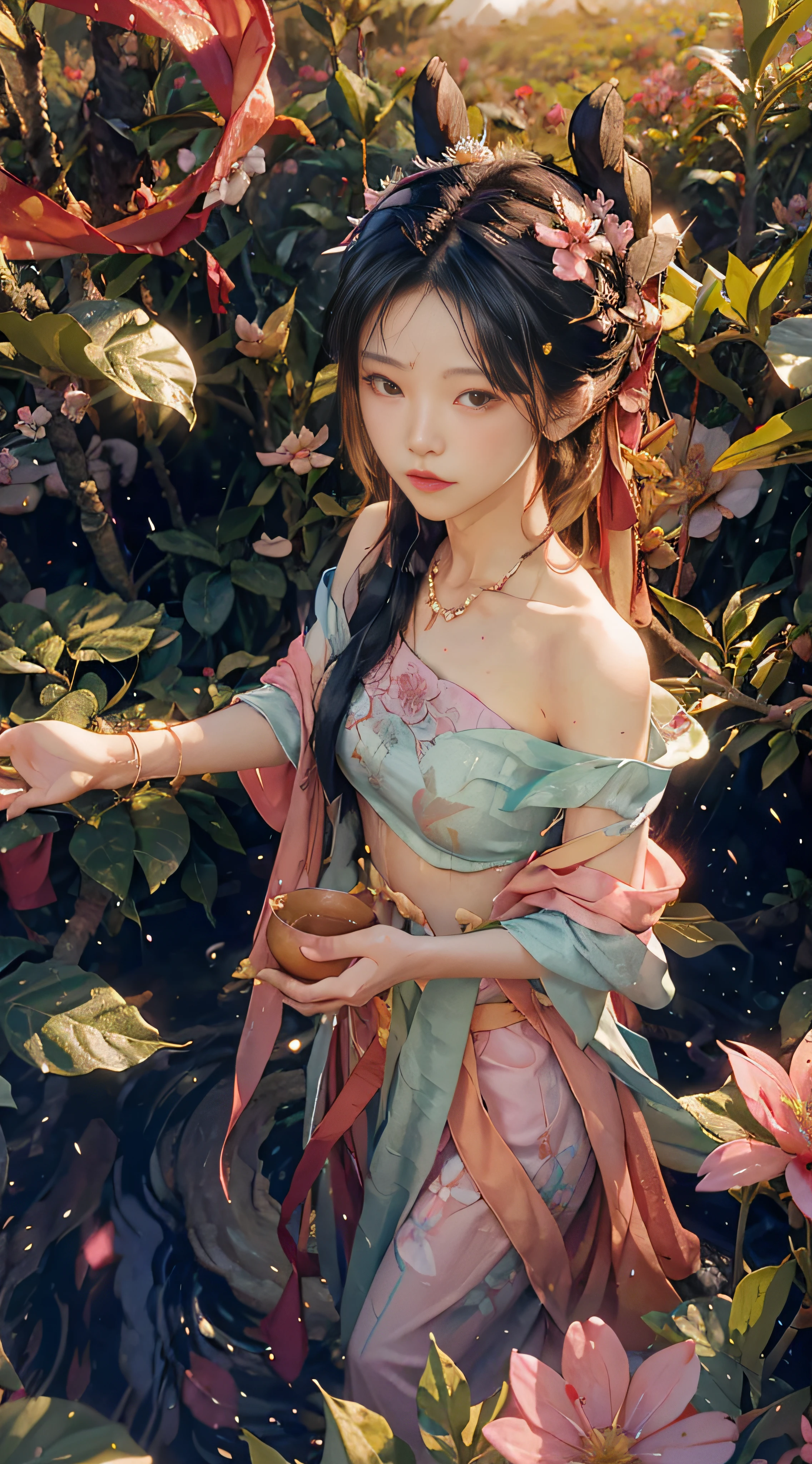 (from above), (tea picker), big clouds, blue sky, rice fields, fairy air fluttering, in the tea tree field, bare shoulders, ((with flowers on the head)), ((leaf clothes)), rain, soaked clothes, windy, pink clothes