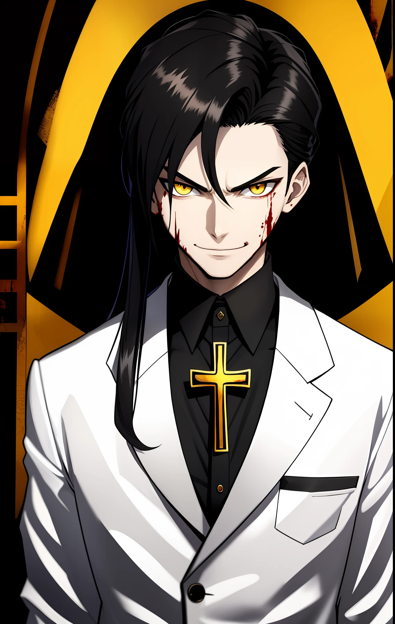 Young man wearing elegant clothes, pale, with an Egyptian cross, evil look, yellow eyes, black hair, evil smile, blood on his face