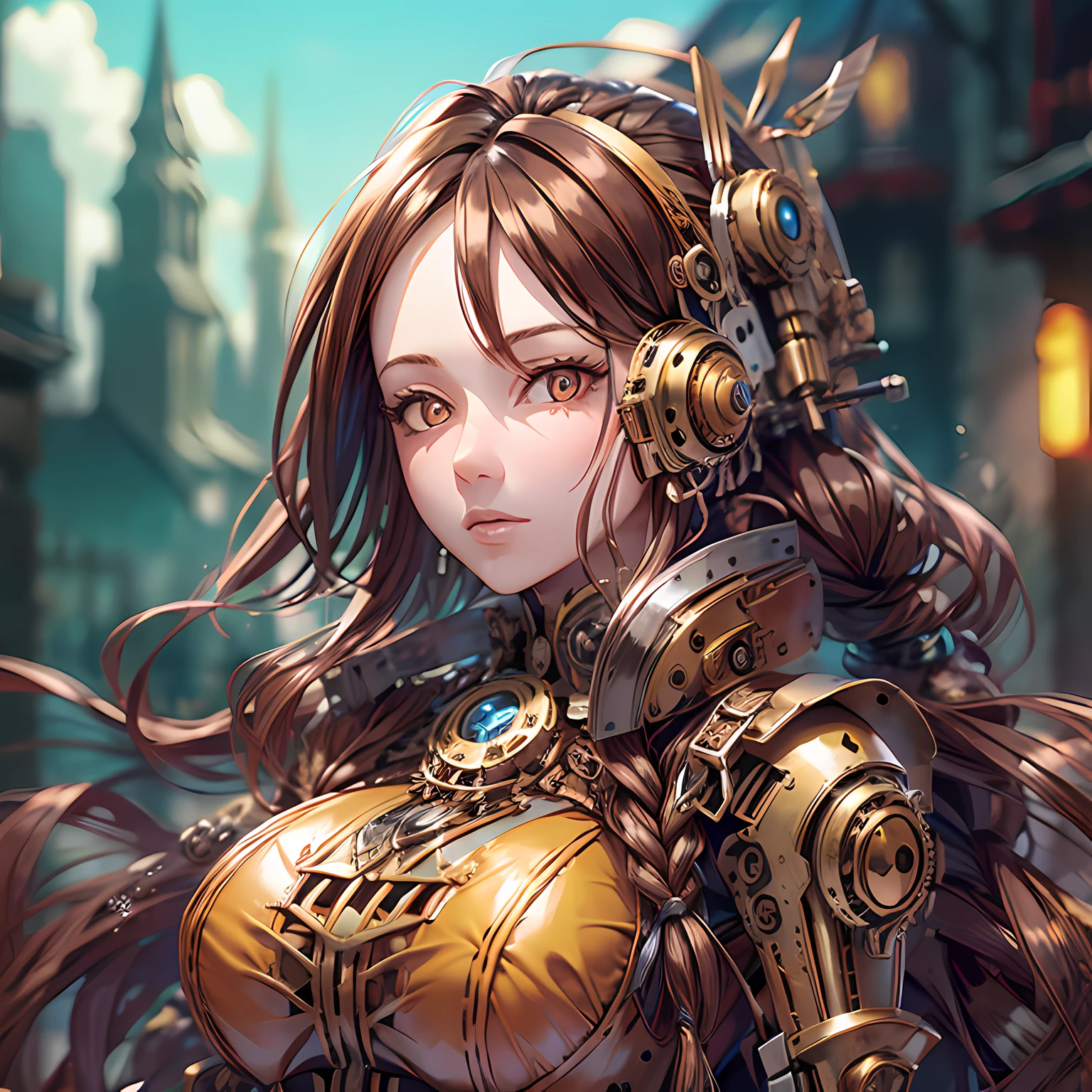 1girl, solo, long hair, brown hair, orange eyes, looking at viewer, steampunk, meccog, picture by Pauline Baynes