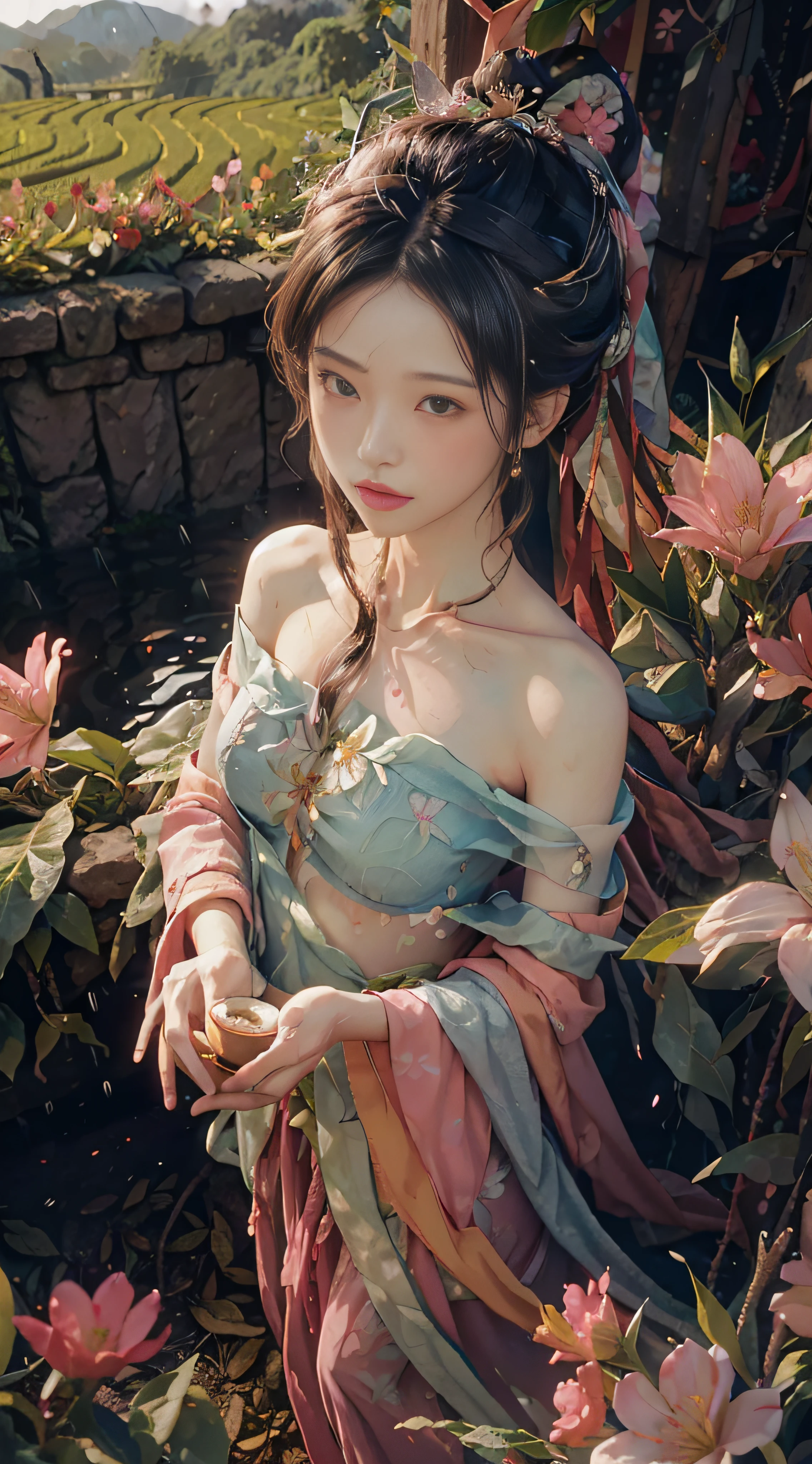 (from above), (tea picker), big clouds, blue sky, rice fields, fairy air fluttering, in the tea tree field, bare shoulders, ((with flowers on the head)), ((leaf clothes)), rain, soaked clothes, windy, pink clothes