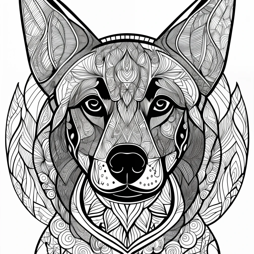 monochrome, adult coloring page, vectorization, mandala, dog (doberman) image, white background, clean line art, fine line art