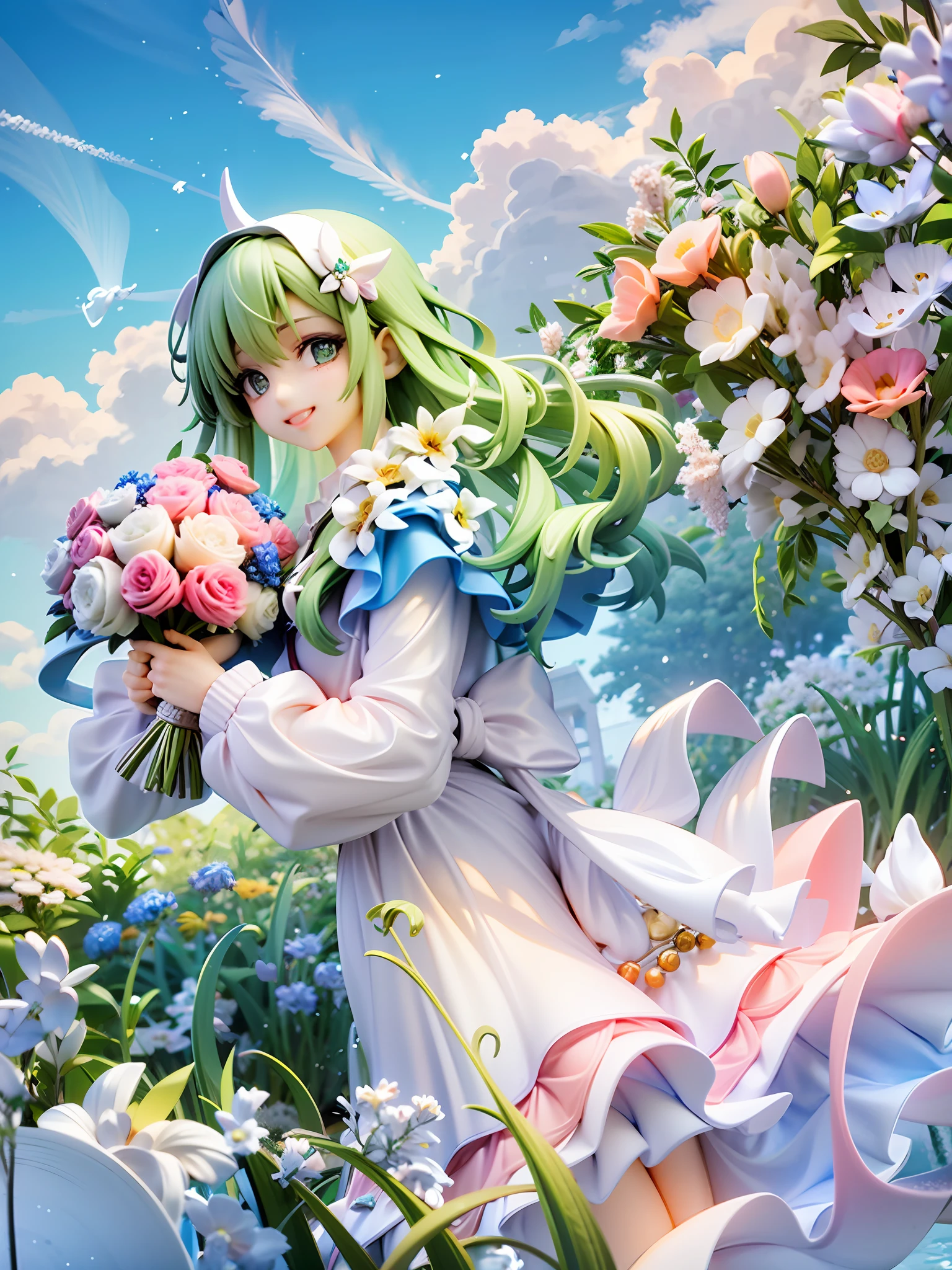 Girl, angle from the side, pastel color, bright green hair, long wavy hair, bright green eyes, beautiful eyes, smile, beautiful white dress, white skin, holding a bouquet of white and pink flowers in both hands, blue sky, white clouds, clear weather, flower garden, beautiful white flowers background, looking here