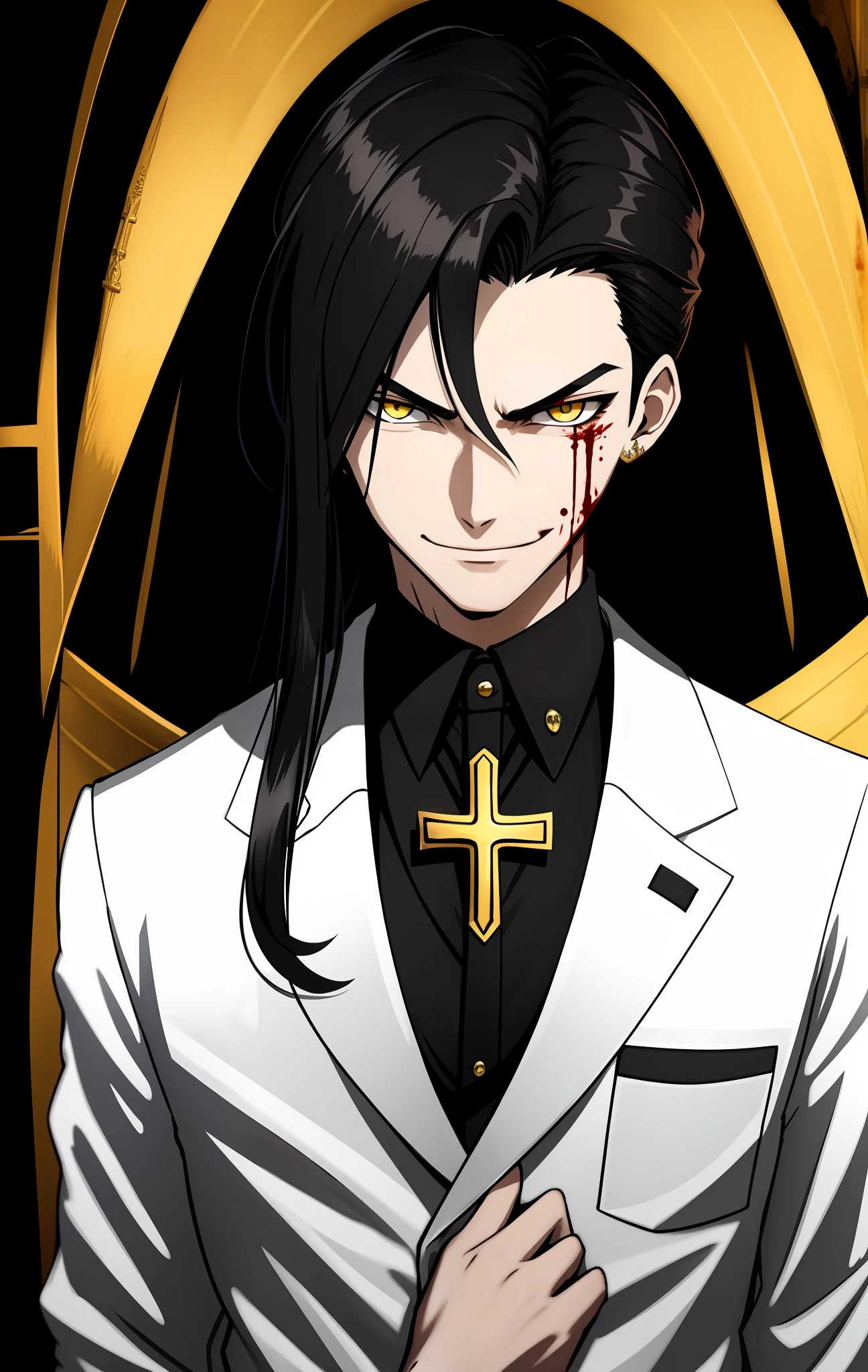 Young man wearing elegant clothes, pale, with an Egyptian cross, evil look, yellow eyes, black hair, evil smile, blood on his face