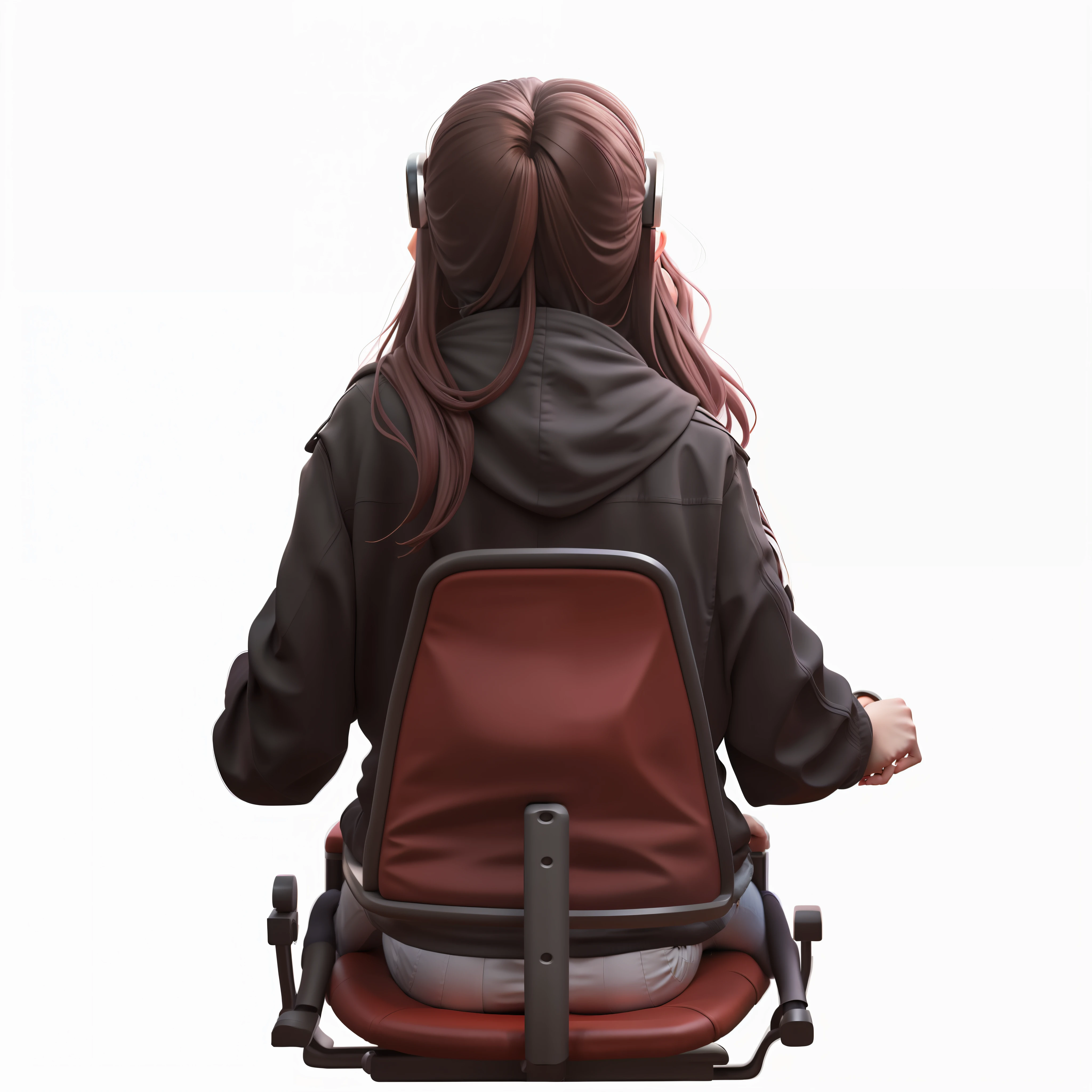 There is a girl sitting on a chair, long hair, sitting position, movie full character, sitting on a chair, sitting on a chair, sitting on a table, sitting on a chair, sitting on a chair, back pose, anime style. 8k, stylized anime, no text,