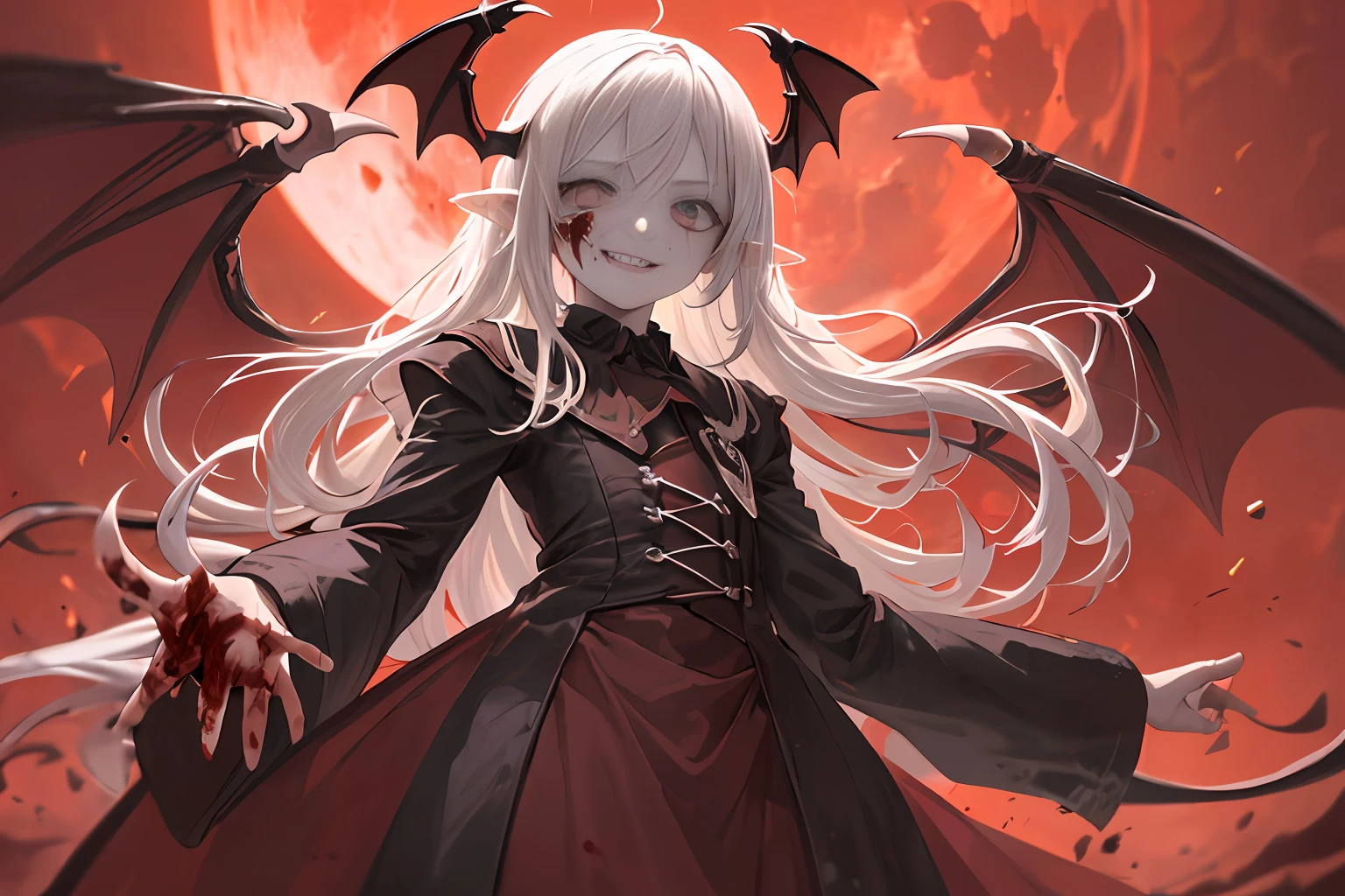 (Masterpiece: 1.2, Best Quality), (Best Lighting, Very Delicate and Beautiful), (Best Lighting, Very Delicate and Beautiful), (Beautiful Detailed Face), (Detailed Eyes and Detailed Face: 1.2), Dark Fantasy, Vampire, (Young Girl, Little Beast, 1girl, Solo, Crazy Smile, Pale Skin, White Hair, Red Glistening Eyes, Dynamic Angle, Vampire), (Back Get a vampire castle on the ground), (Red Moon, Red Sky), pointy_ears, Fangs, Bat Wings, Demon Horns, ((((Blood on the Face))), Blood Rain, Blood Mist, (Depth of Field), High Contrast, (Blood Splash: 1.4), Cowboy Shot, Full Body,