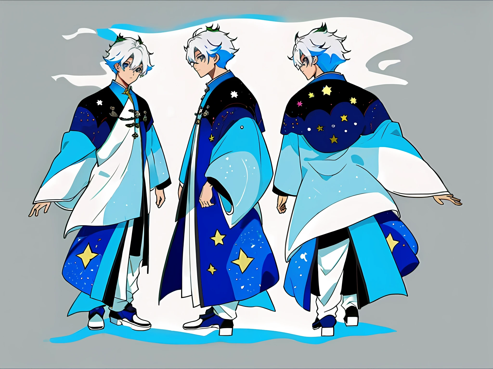 ((masterpiece)), ((best quality))), (character design sheet, same character, front, side, back), Illustration, 1 boy, hair color, white hair, hairstyle fax, eyes, environment change, hairstyle fax, pose kota, male, shirt shangyi, stars, charturnbetalora, (simple background, white background: 1.3) ,--6