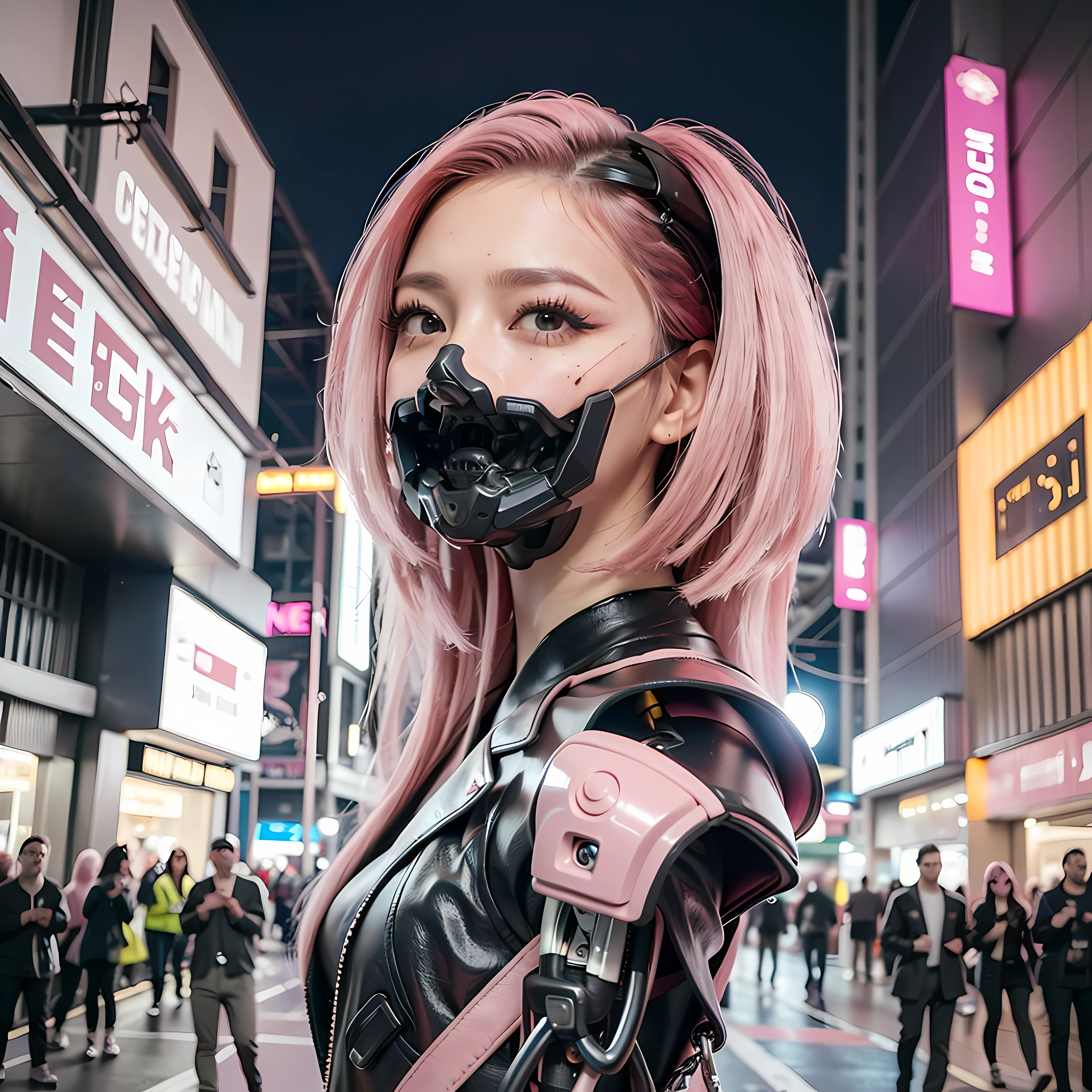(Photorealistic:1.4), (Best Quality:1.0), (Ultra Resolution:1.0), (8K, RAW Photo), (Masterpiece:0.2), Portrait, Facial Focus,
(Cybernetic_Jawless), (mask), mechanical parts, cybernetics, 1 girl, asian girl, jacket, (long hair:1.5), (pink hair:1.5),
Cyberpunk Street background, (neon: 1.2),