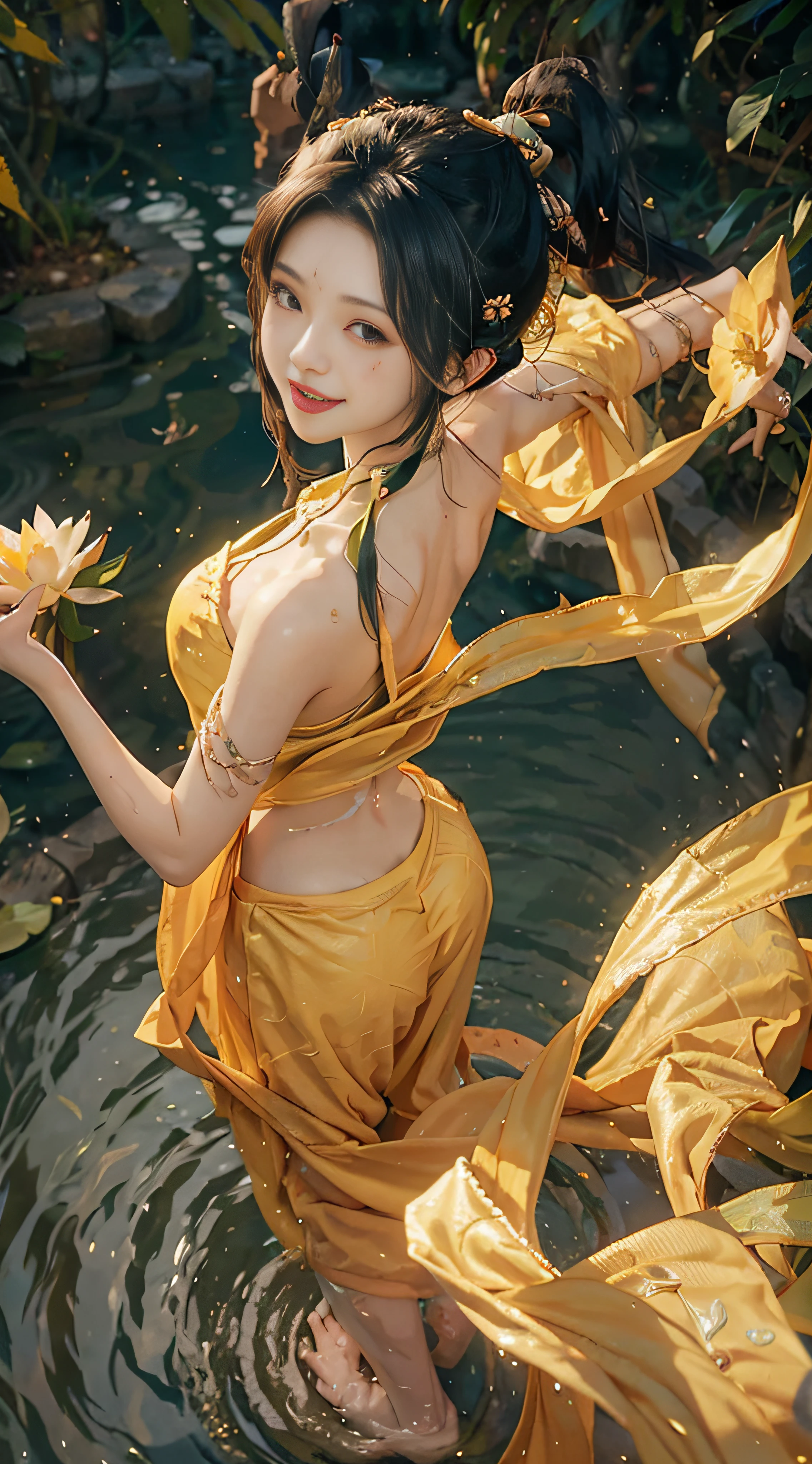 ((whitening skin)), (from above) (dancing girl) (laughs), lotus pond, bathing, swimming, fairy fluttering, yellow swimsuit, soaked clothes, bare shoulders, bare back,