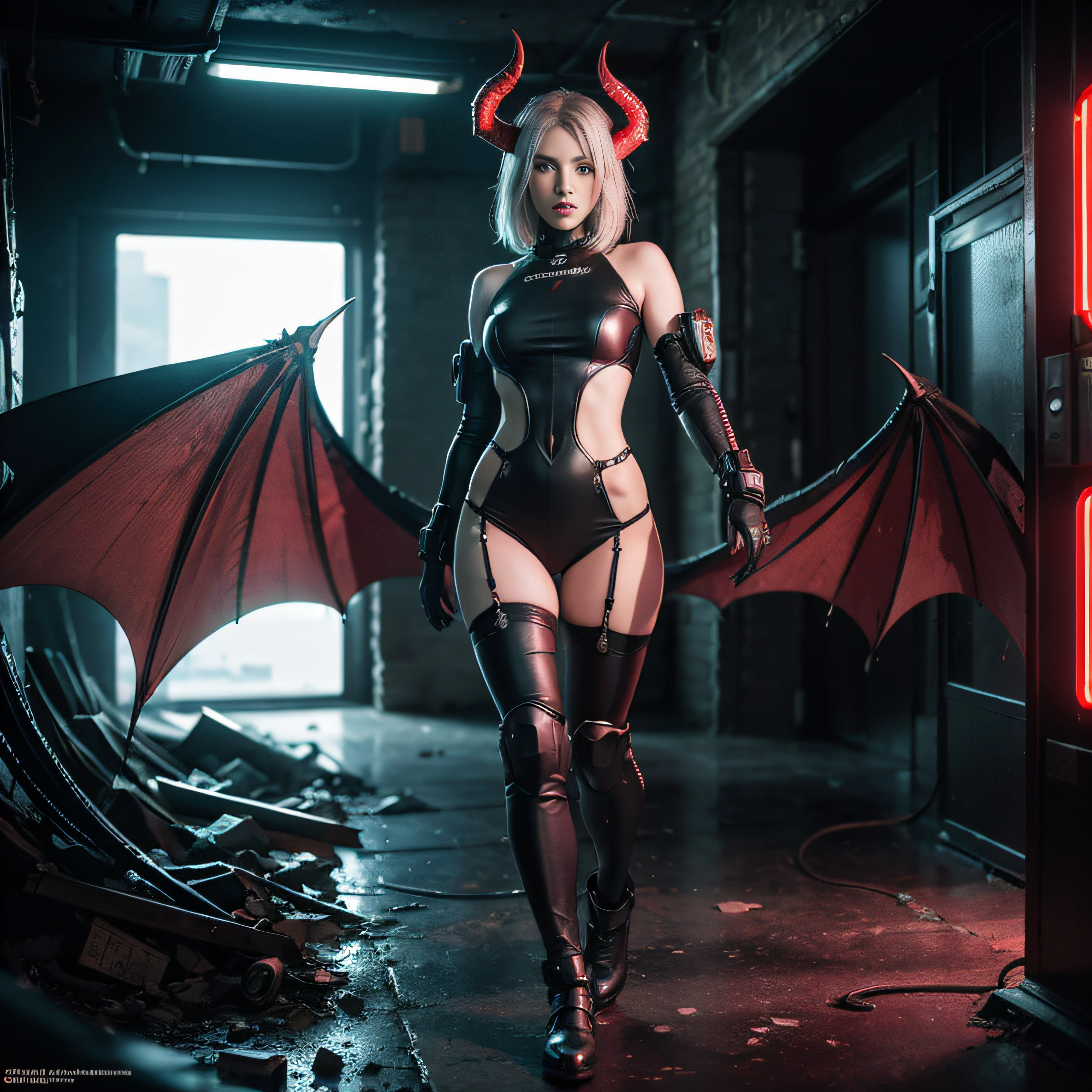 (concept art), (realistic:1.4), RAW, 1girl, DemonicT, colorful, dynamic pose, ((full body)), black sclera, horns, bat like wings, colored sclera, colored skin, yellow eyes, demon wings, demon horns, slit pupils, Ultra-detail, ((matte armor, red lights )), (best quality), (detailed skin:1.3, detailed face:1.3), dslr, realistic, (detailed cyberpunk landscape), delicate, soft colors, (highres:1.1), (masterpiece:1.3), cinematic lighting, simple background,
