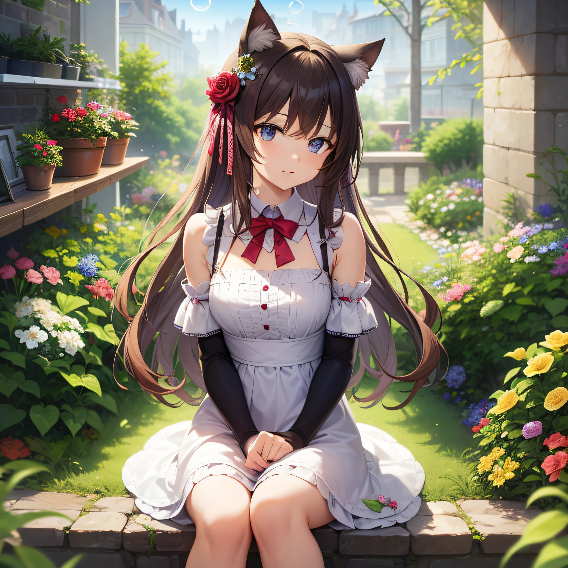 cat ears, cute, soap bubbles, flower garden