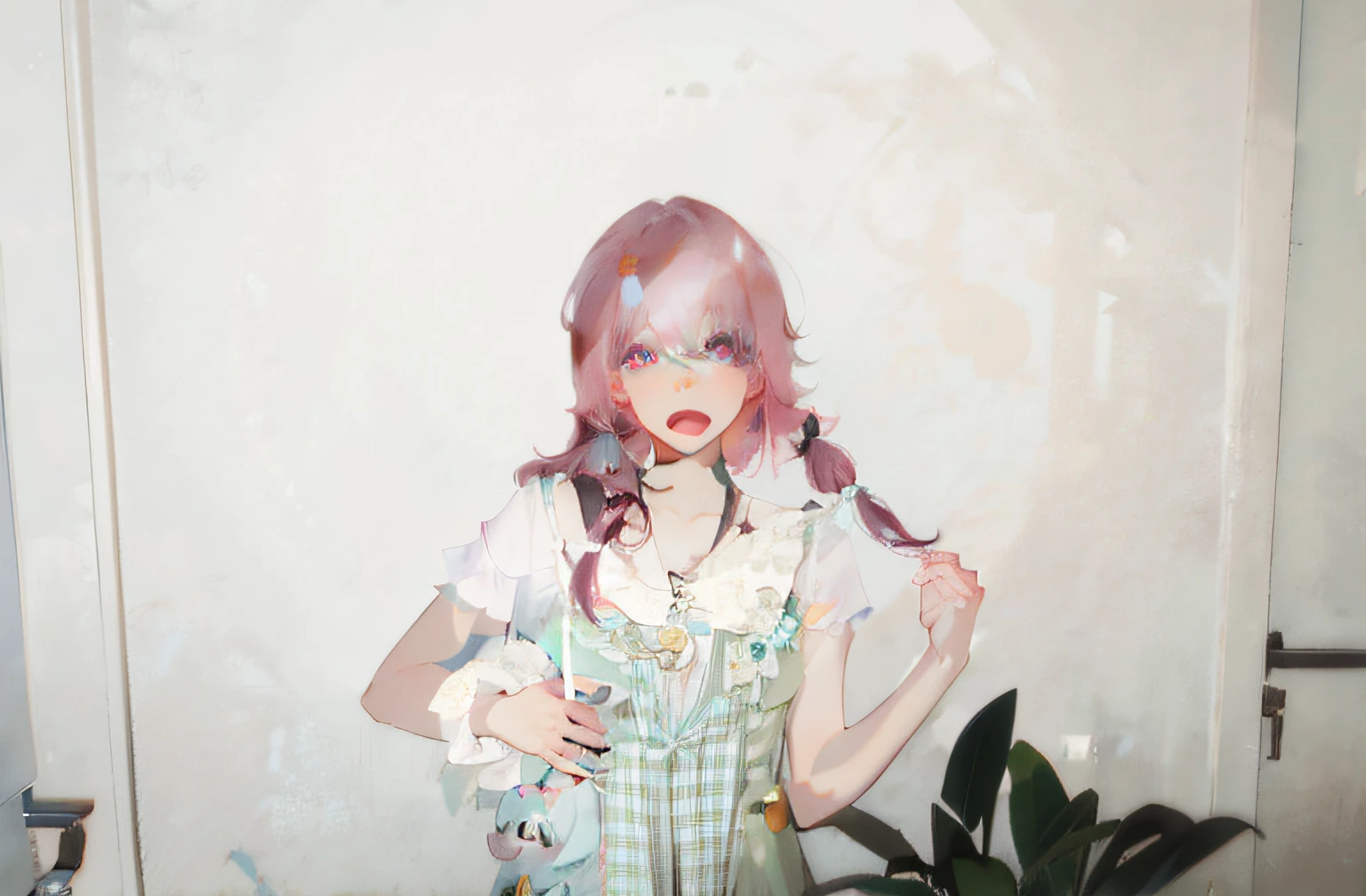there is a girl with pink hair and a green dress, ulzzang, pigtails hairstyle, with pink hair, belle delphine, kawaii hairstyle, pink twintail hair and cyan eyes, anime girl in real life, rena nounen style 3/4, kawaii hair style, chiho, with short hair, twintails hairstyle, harajuku hair --auto