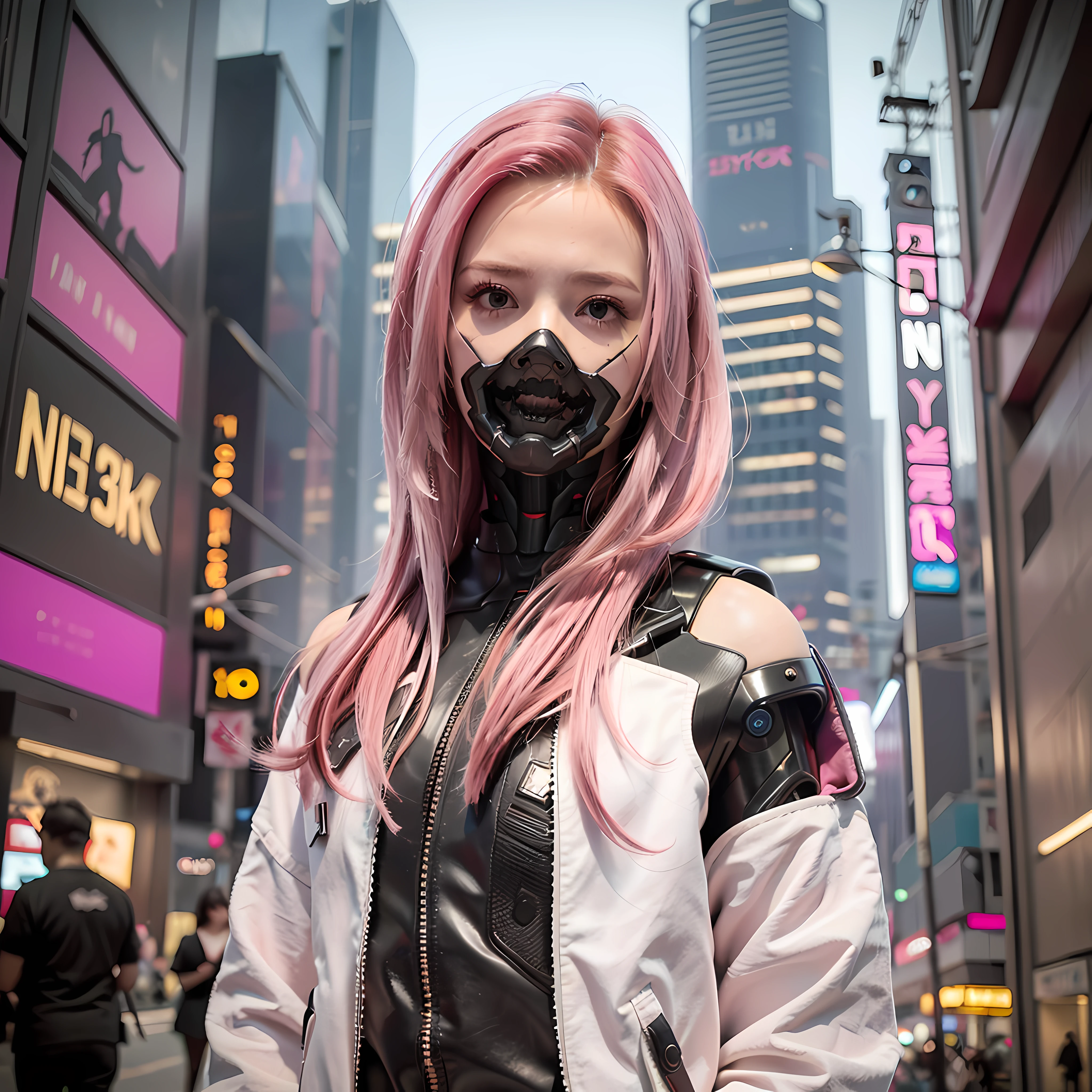 (Photorealistic:1.4), (Best Quality:1.0), (Ultra Resolution:1.0), (8K, RAW Photo), (Masterpiece:0.2), Portrait, Facial Focus,
(Cybernetic_Jawless), (mask), mechanical parts, cybernetics, 1 girl, asian girl, jacket, (long hair:1.5), (pink hair:1.5),
Cyberpunk Street background, (neon: 1.2),