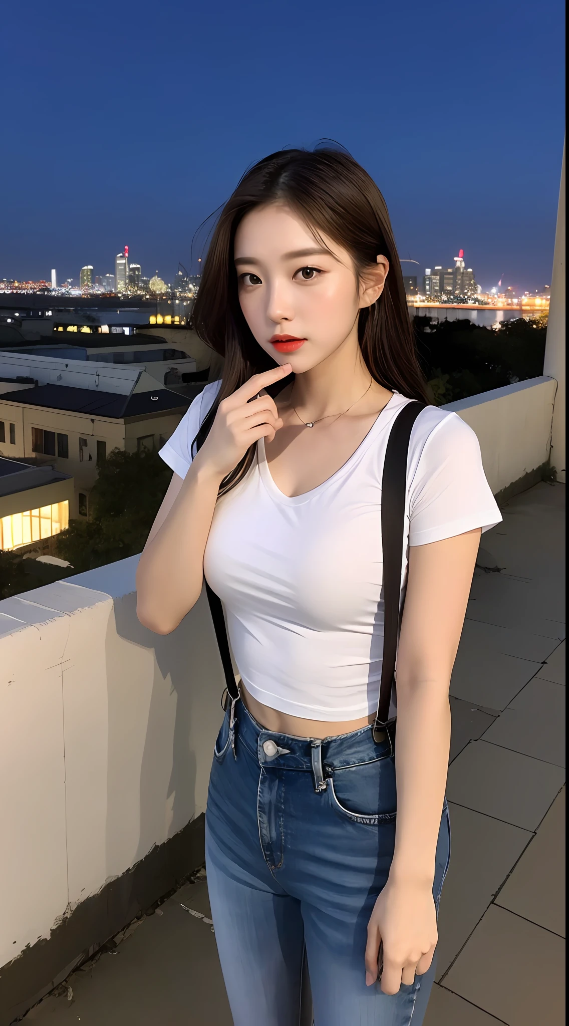 ((Midnight, Acura, 8K, Masterpiece: 1.3)), Full body, Long legs, Focal length: 1.2, Perfect Body Beauty: 1.4, Slim Abs: 1.1, ((Dark Brown Hair, Chest: 1.1)), (White Skinny T-shirt, denim suspenders, Standing: 1.2), ((City Night View, Roof: 1.3)), Highly detailed face and skin texture, Fine eyes, Double eyelids