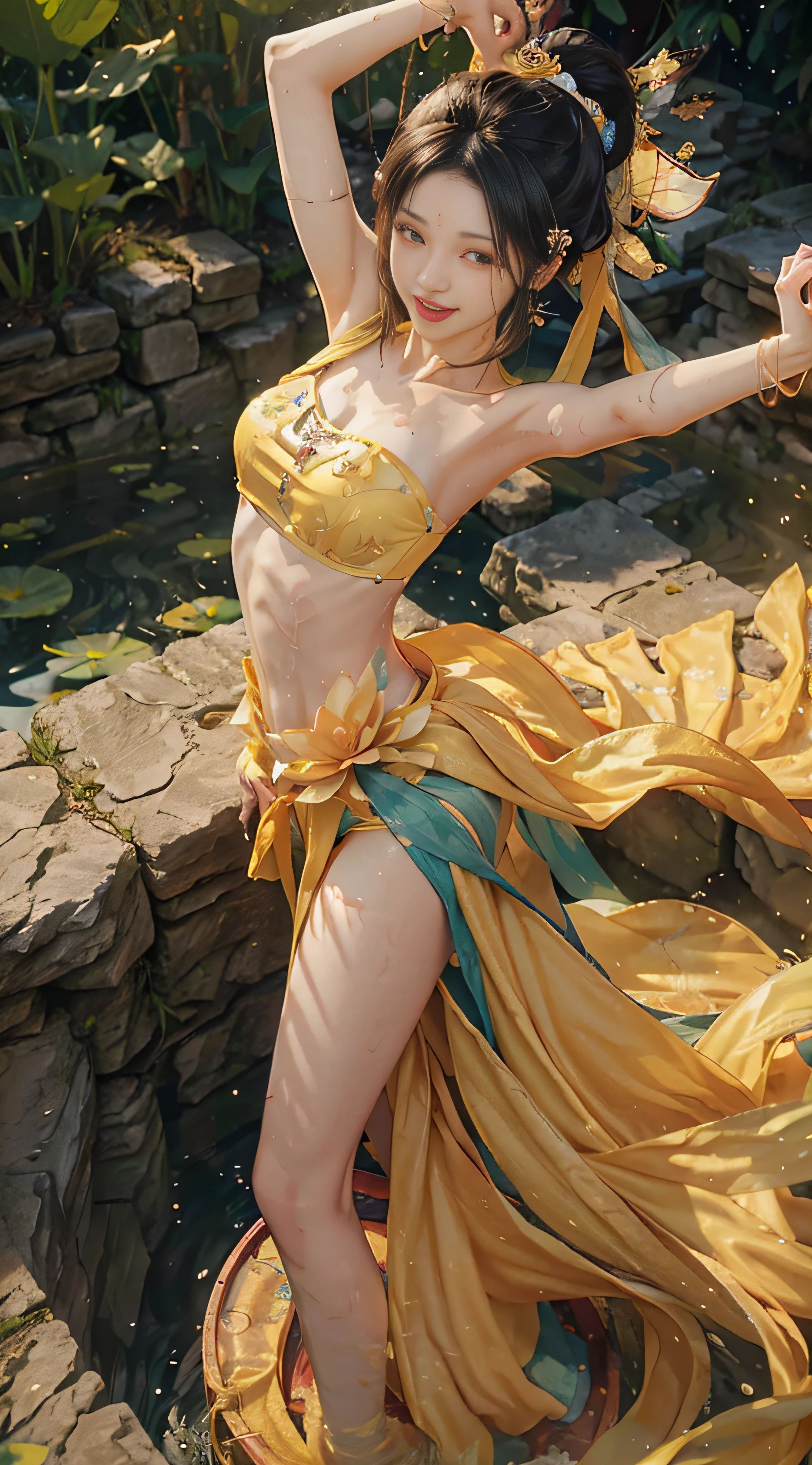 ((whitening skin)), (from above) (dancing girl) (laughs), lotus pond, bathing, swimming, fairy fluttering, yellow swimsuit, soaked clothes, bare shoulders, bare back,