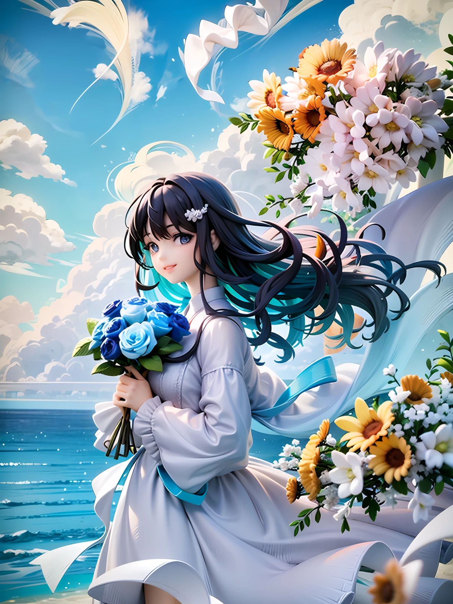 Girl, angle from the side, black and green hair, wavy long hair, light blue eyes, beautiful eyes, smile, beautiful white dress, holding bouquet of blue and white flowers in both hands, blue sky, white clouds, clear sky, beautiful white and yellow flower background, looking here