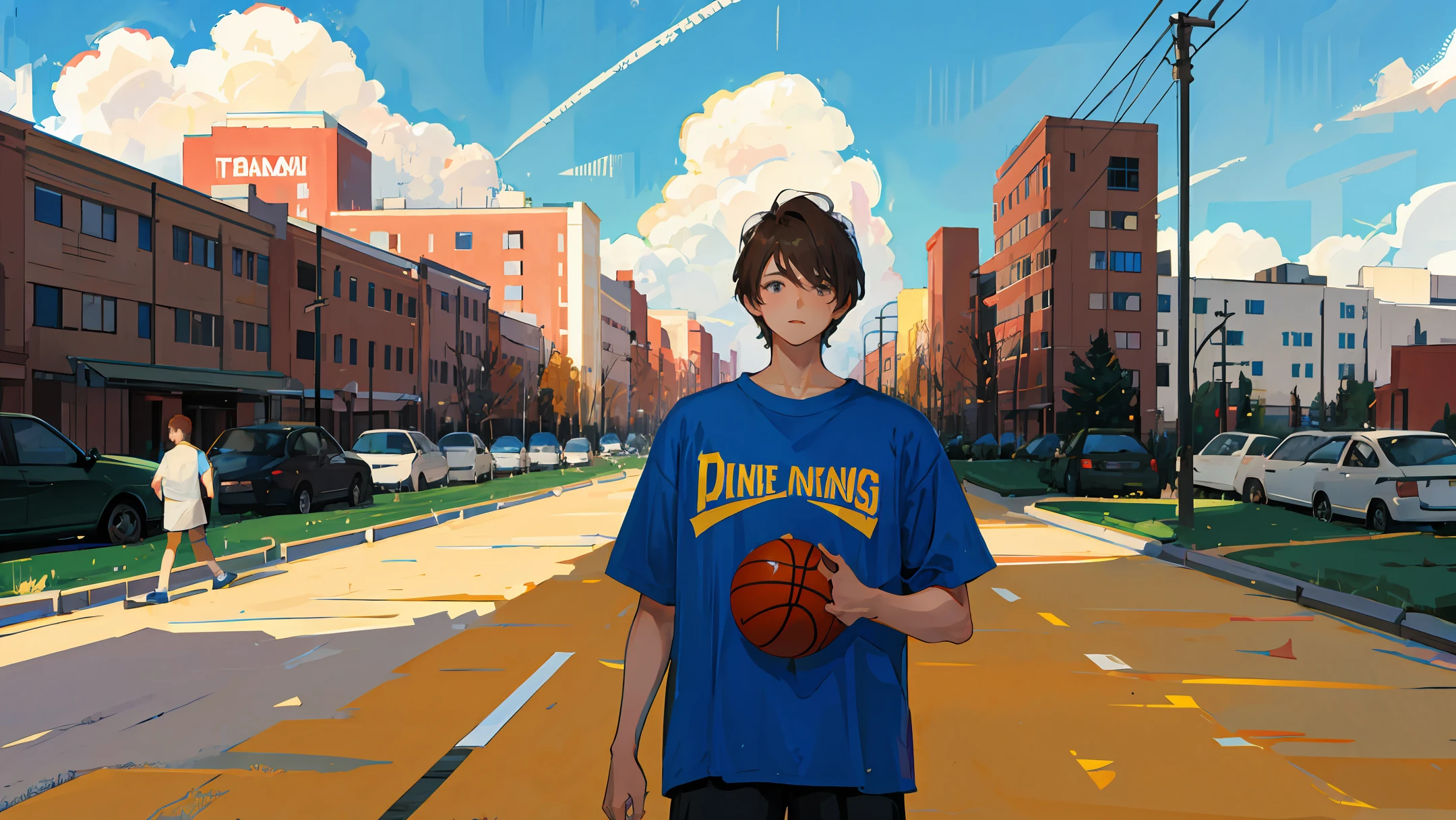 Brunette boy and sky-haired boy, two high school students, basketball