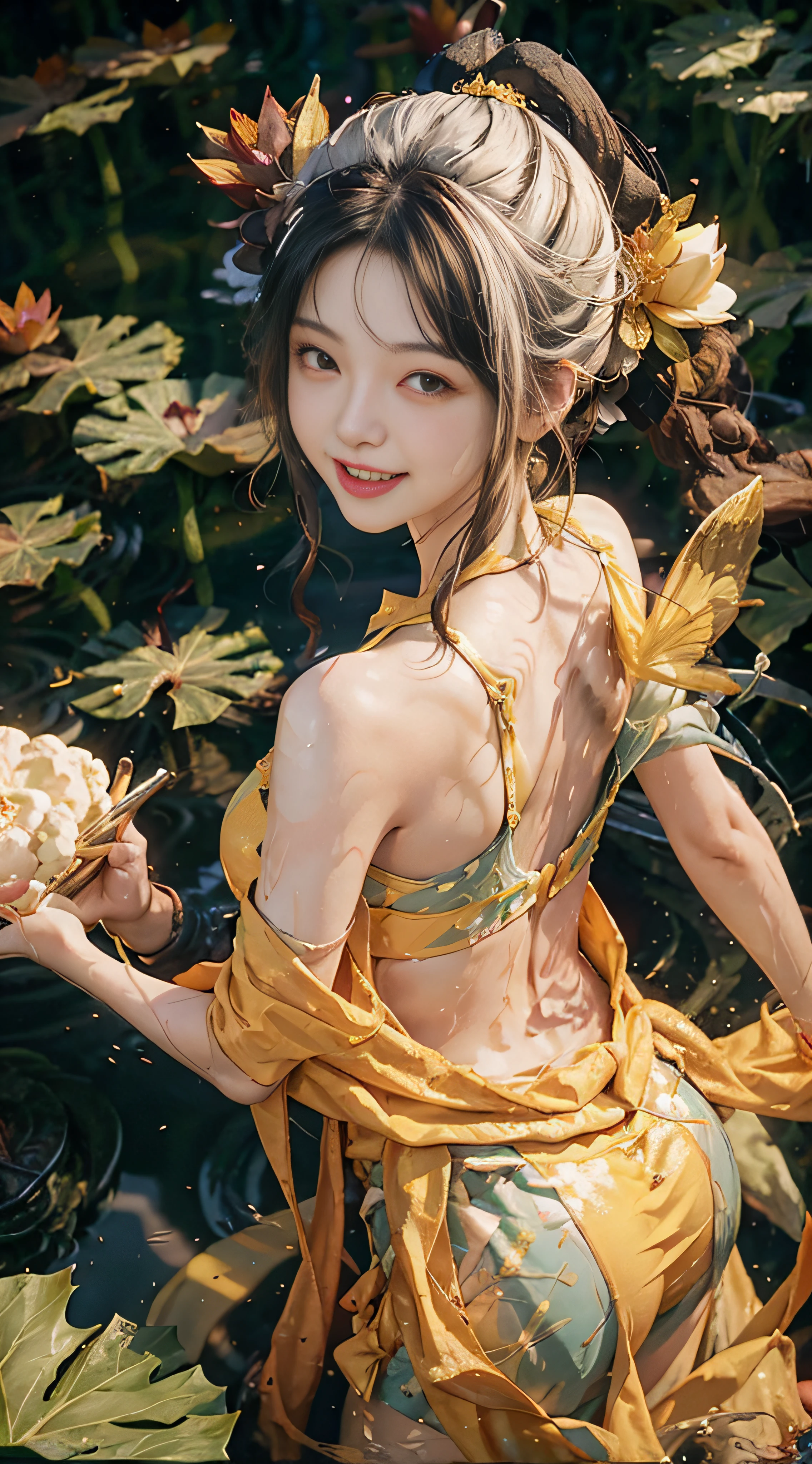 ((whitening skin)), (from above) (cauliflower girl) (laughs), lotus pond, bathing, swimming, fairy fluttering, yellow swimsuit, clothes soaked, bare shoulders, bare back,