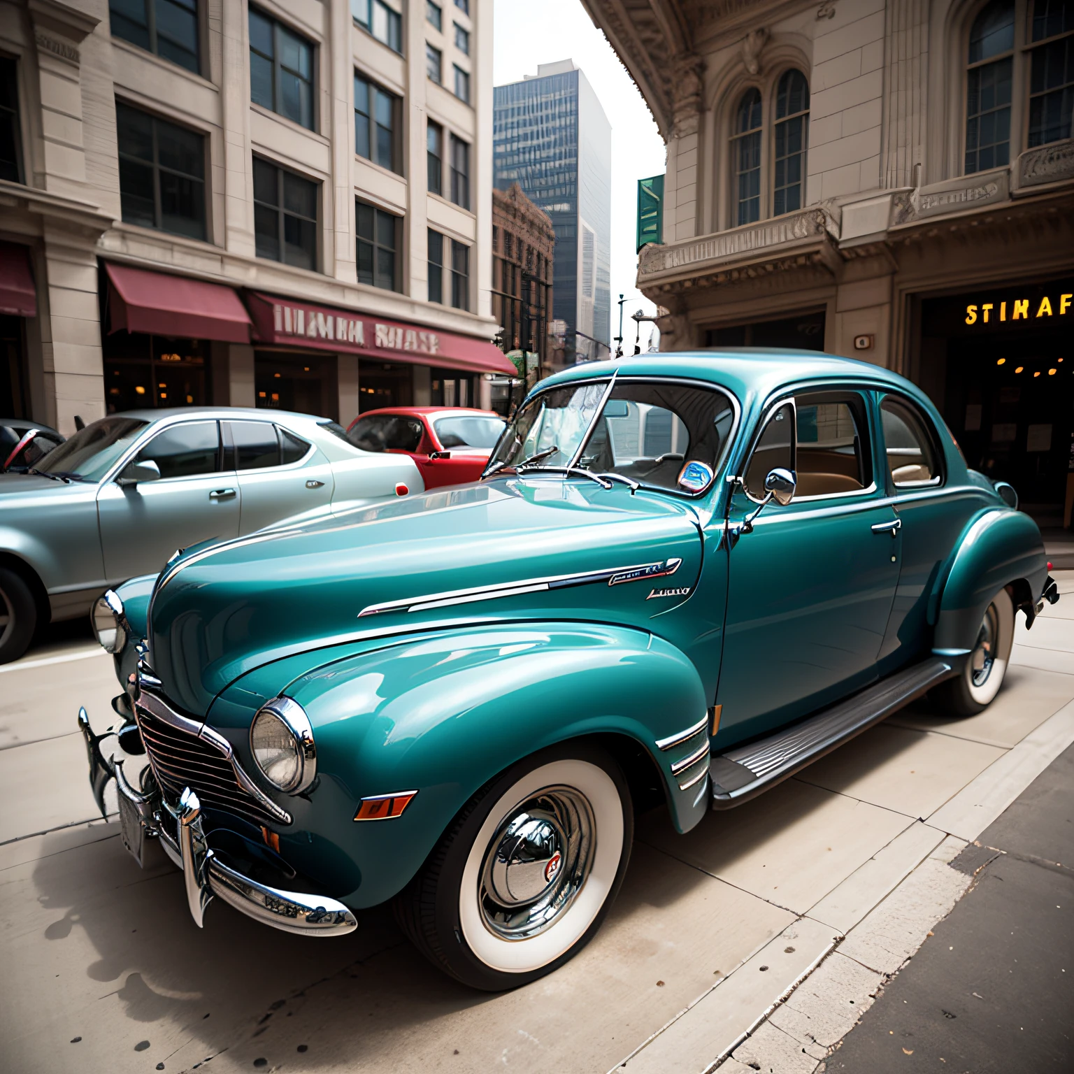 Chicago 1945, Ford Coupe Coupe, black, parked, in the Chicago City Theater --auto