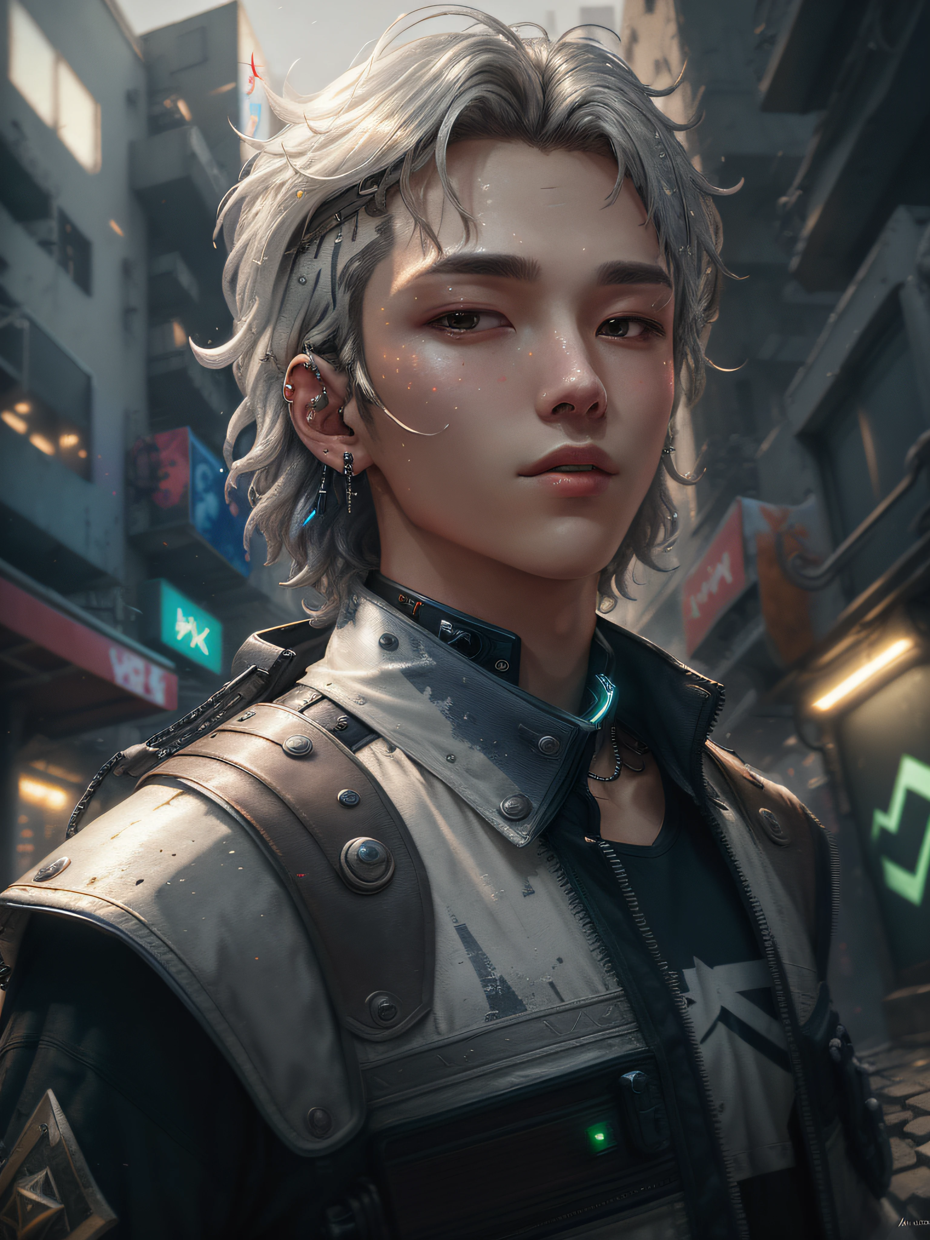 ((Best Quality)), ((Masterpiece)), (Details: 1.4), 3D, A Beautiful Cyberpunk Male Figure, Silver-White Mid-Length Curls, Mechanical Armor, Two-Thirds Portrait, Good Figure, Cool Fit, Grim Expression, HDR (High Dynamic Range), Ray Tracing, NVIDIA RTX, Super-Resolution, Unreal 5, Subsurface Scattering, PBR Texture, Post Processing, Anisotropic Filtering, Depth of Field, maximum clarity and sharpness, multi-layer textures, albedo and highlight maps, surface shading, accurate simulation of light-material interactions, perfect proportions, Octane Render, two-color light, large aperture, low ISO, white balance, rule of thirds, 8K RAW, majicMIX lux