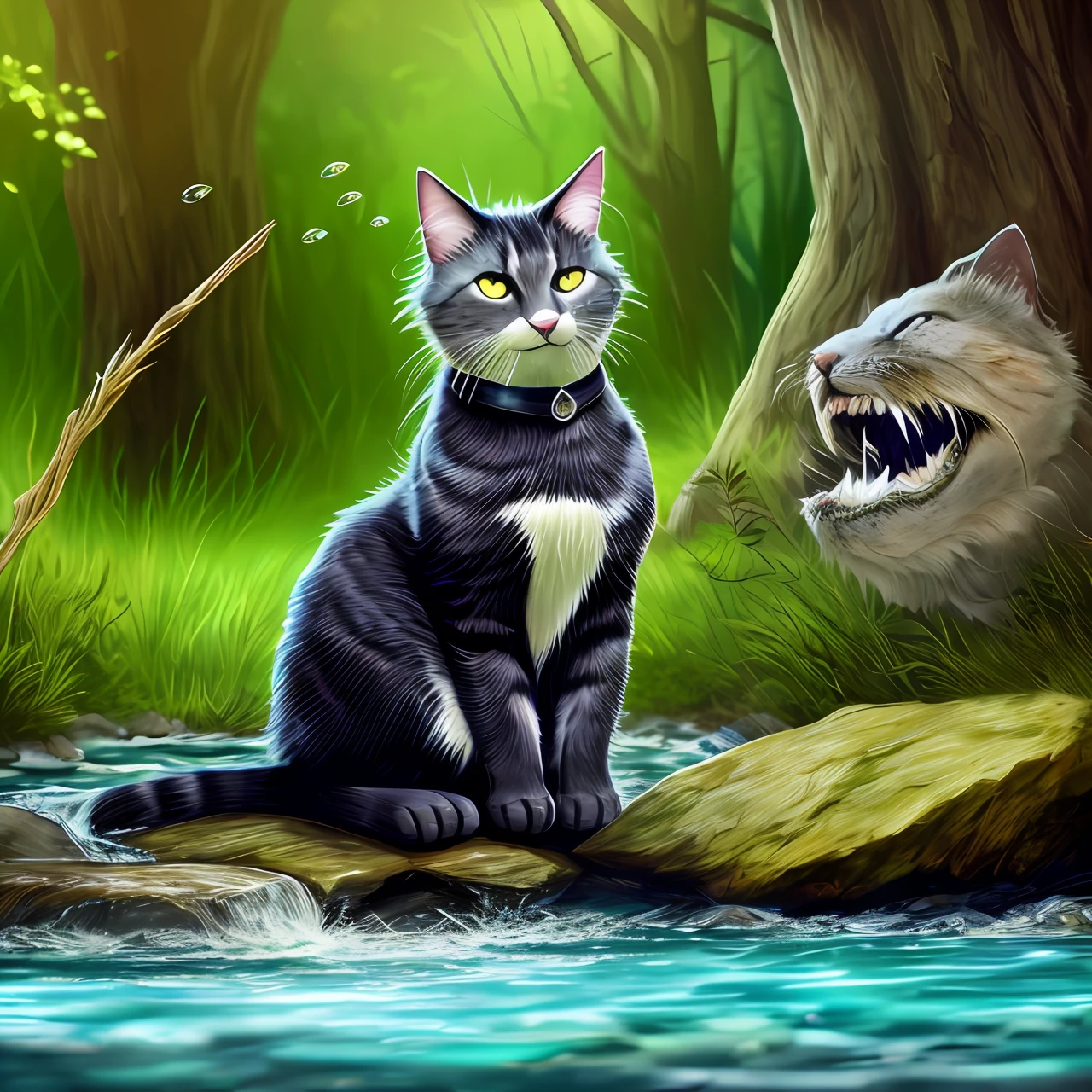 Cat, realistic, gothic, green eyes, brown coat, blue and wine, claws showing, saber teeth, next to a stream of crystal clear water and with small fish.