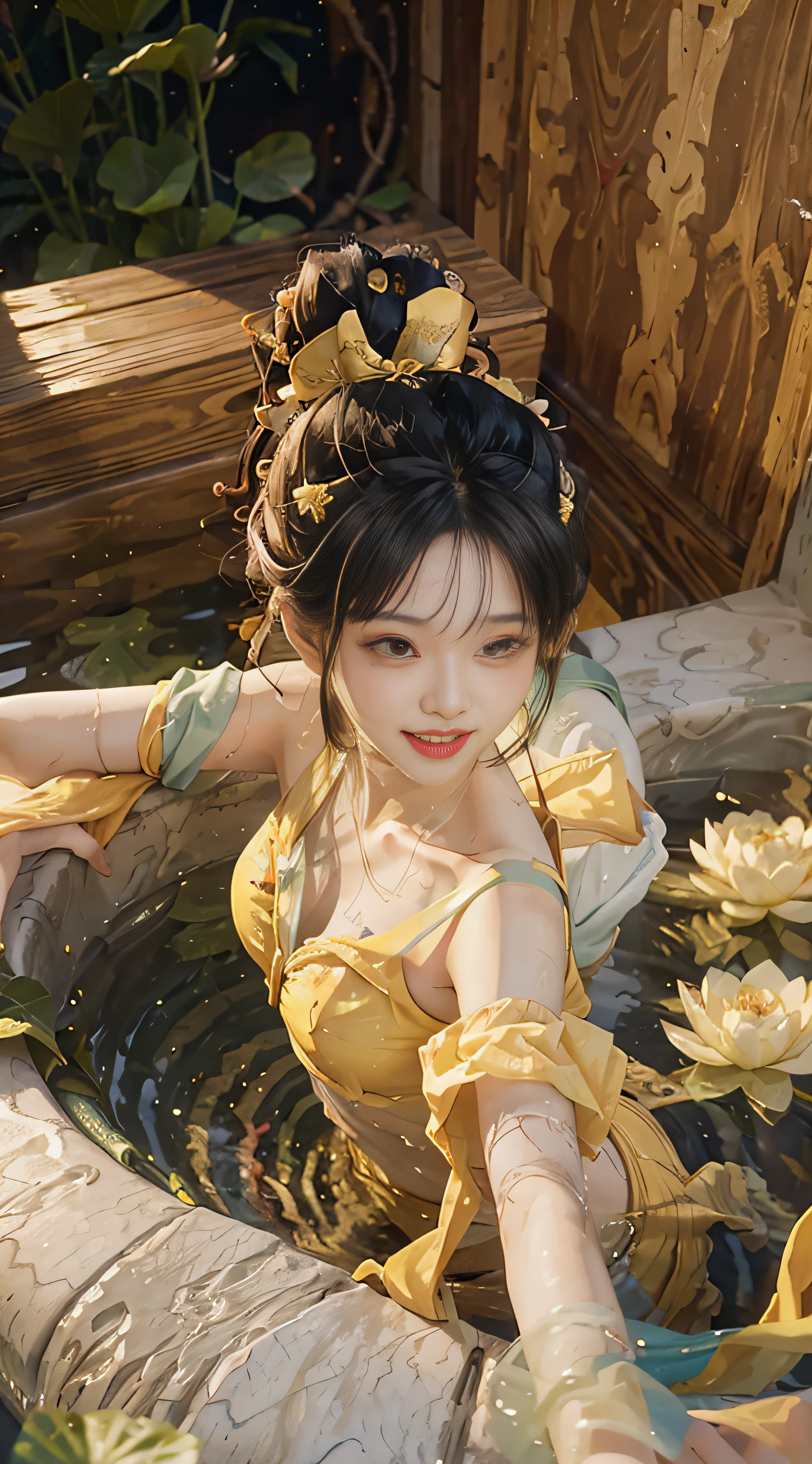 (from above) (cauliflower girl), indoors, in a lotus pond, bathing, swimming, fairy fluttering, ((whitening skin)), laughing, yellow swimsuit, clothes soaked, bare shoulders, bare back,