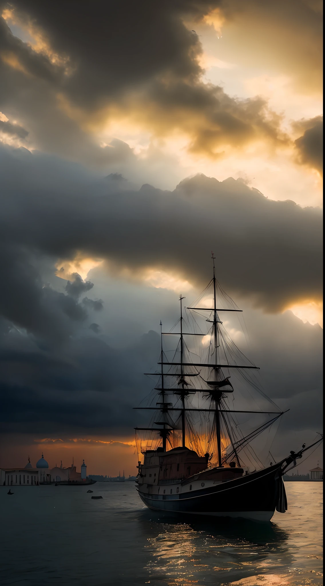 (masterpiece, 8K, UHD, photo-realistic:1.3), 14th-century trade ship, weathered and worn, anchored outside the bustling port of medieval Venice, Italy, (symbol of trade and exploration:1.2), foreboding atmosphere, dark clouds looming, misty waters, distant view of iconic Venetian architecture, slender campanile, ornate domes, (influenced by Greg Rutkowski's style:1.1), dramatic lighting, subtle reflections, somber colors, historical context of the bubonic plague era, side view, looking at viewer.