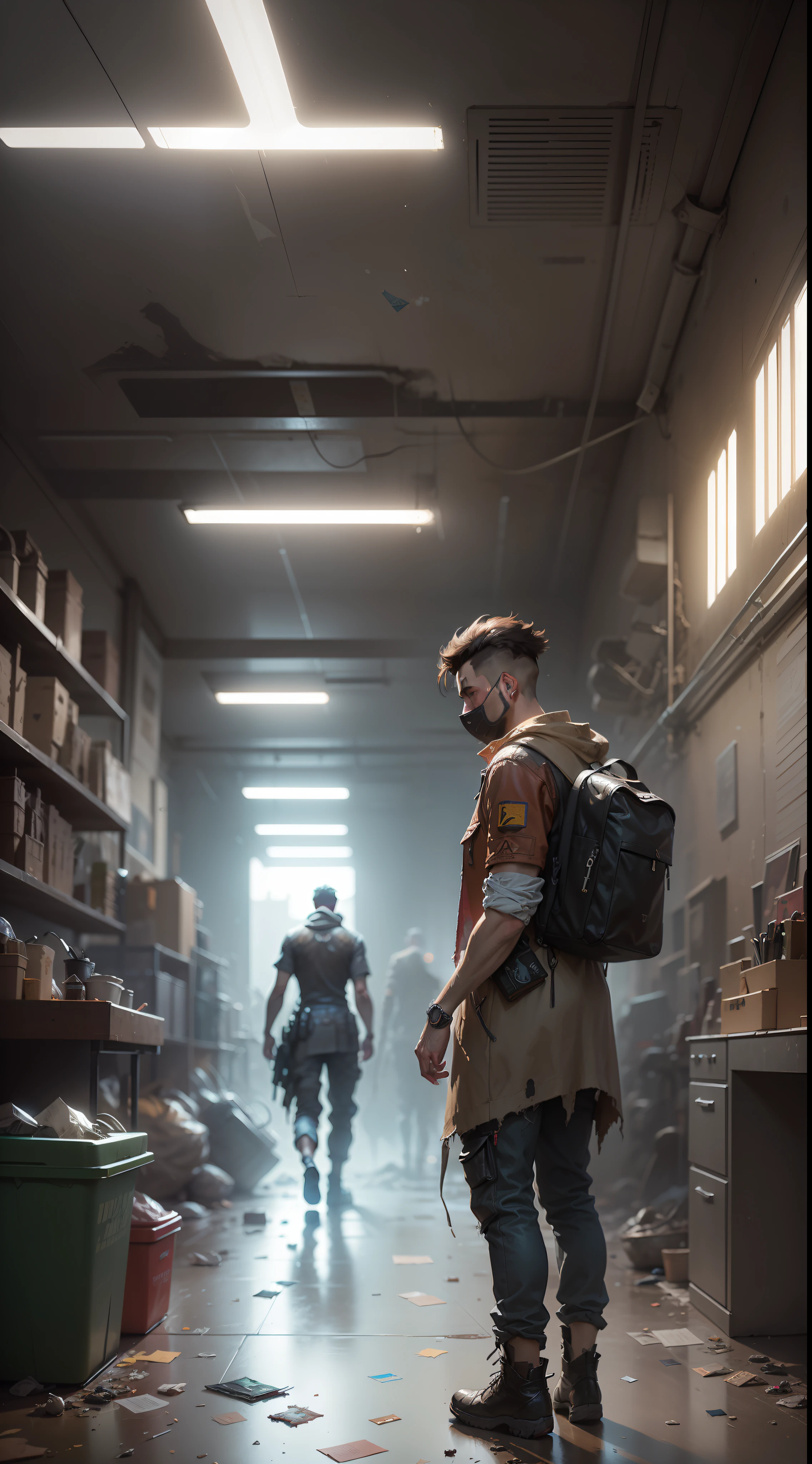 There was a man standing in a leather goods studio, Craig Mullins style, highly realistic concept art, photorealistic dark concept art, urban concept art, inspired by Ismail Inceoglu, Post-garbage concept art, Disco Elysium concept art, surreal concept art, by Senior Environmental Artist, Conceptual art such as Ernest Khalimov, painterly concept art