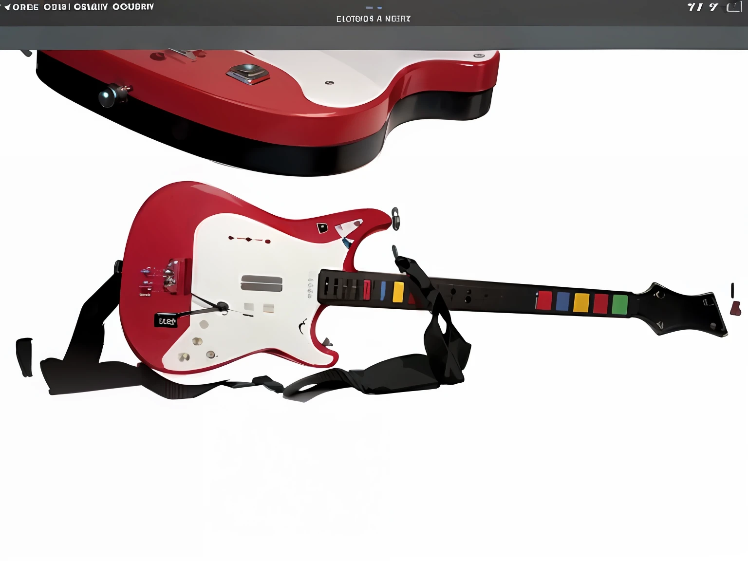 A closeup of a guitar, has a red and black paint, electric guitar, electric guitar, guitar concept art, guitar neck with buttons, video game item, lead guitar, electric guitars.