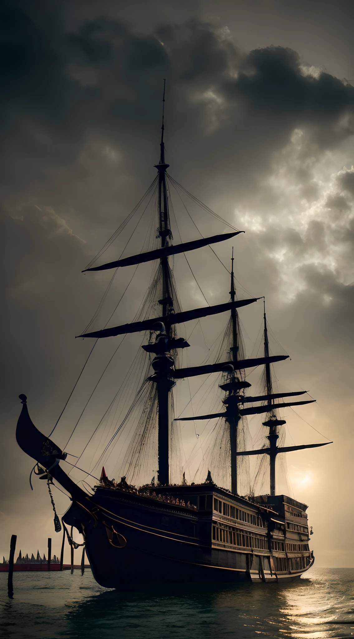 (best quality, ultra high res, CGI, official art:1.2), 14th-century trade ship, (anchored outside the port of medieval Venice:1.2), majestic masts, tattered sails, (representing the spirit of maritime trade:1.1), brooding atmosphere, overcast sky, choppy waters, distant silhouette of iconic Venetian architecture, Gothic arches, elaborate facades, (inspired by Greg Rutkowski's style:1.3), moody lighting, fine details, textured surfaces, dark and muted colors, capturing the haunting essence of the bubonic plague era.