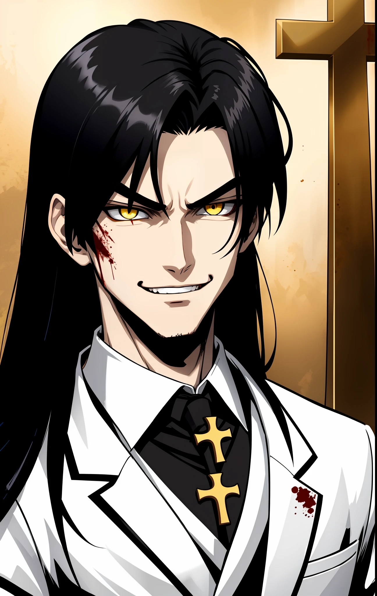 Young man wearing elegant clothes, pale, with an Egyptian cross, evil look, yellow eyes, black hair, evil smile, blood on his face