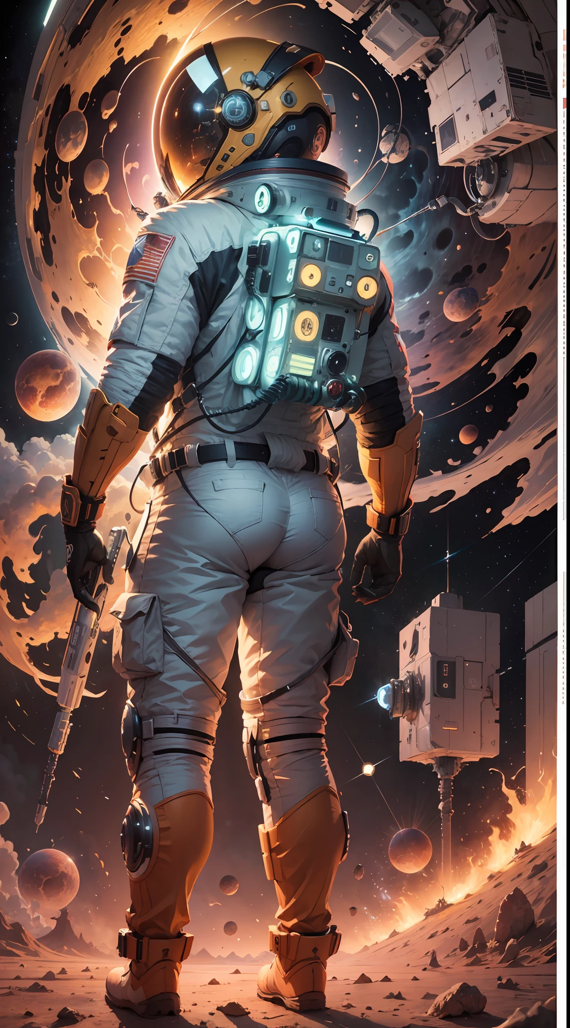 ((Masterpiece)), (Best Quality)), 8K, high detail, hyper-detail, the painting depicts a scene of breathtaking magnificent spatial images. The picture shows a man wearing a spacesuit, facing back, looking at a red glowing planet in space. The scenes are extremely detailed and the clarity is extraordinary, capturing every intricate detail of the panorama.