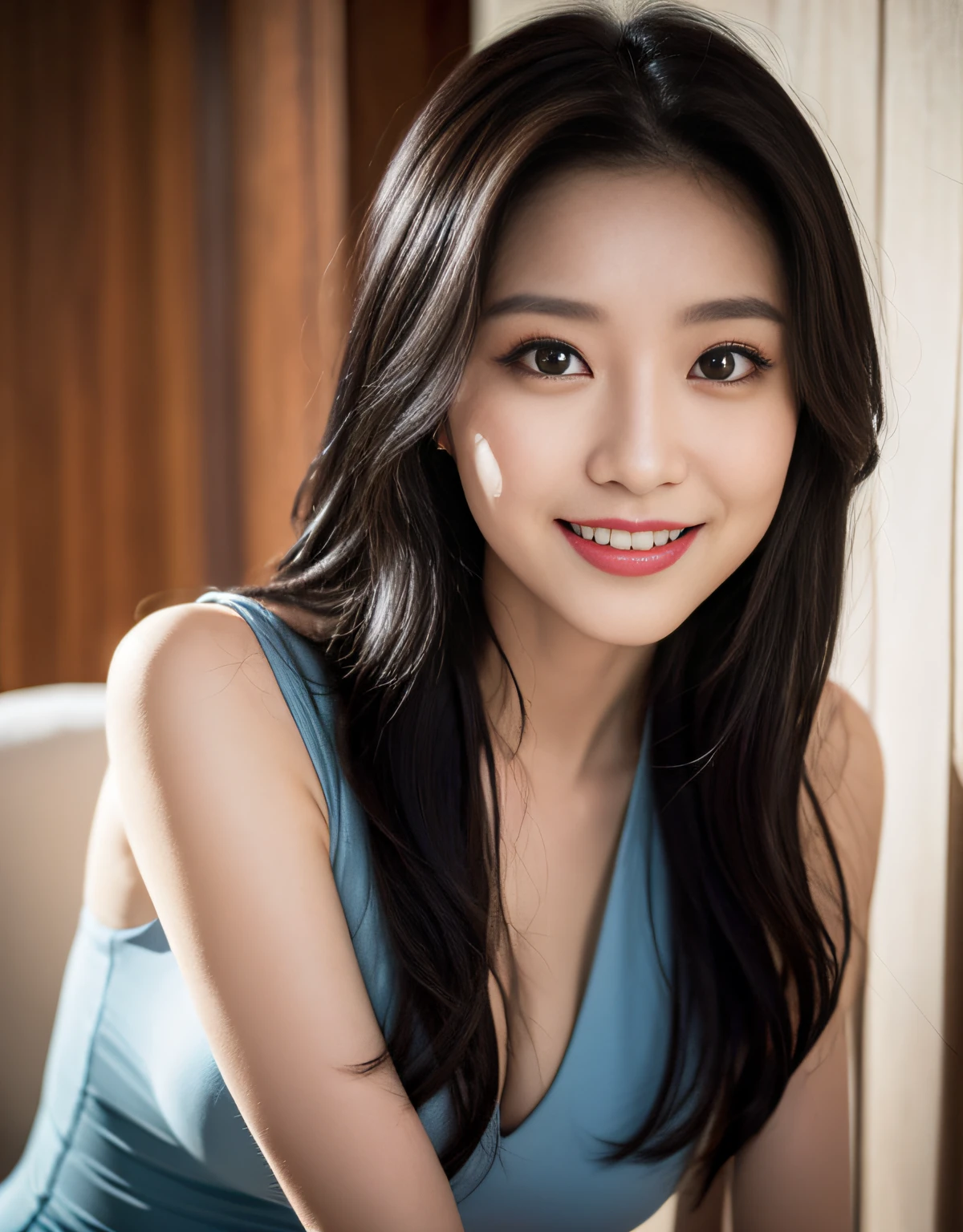 (8k, RAW photo:1.2),Top quality, Ultra high resolution, peeking breasts, big eyes, slender waist, lovely smile, 8k, very fine face, delicate lips, delicate eyes, double eyelids, long black hair, black hair, 8k, nice terrace, lovely eyes