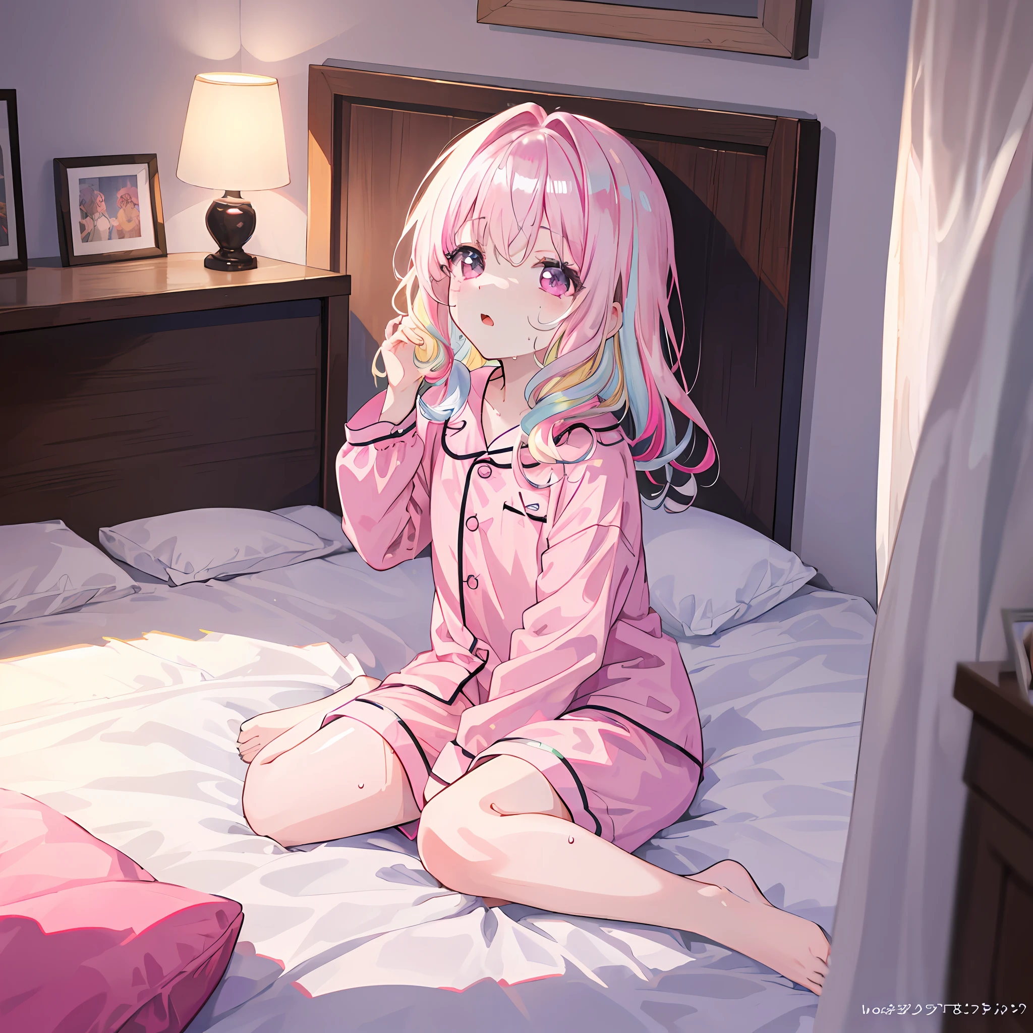 Top quality, masterpiece, high resolution, highly detailed, 8k, one girl, cute, anime, crystal clear white skin, sensual, full body, young, middle school, 14 years old, child, (hair color is shiny light pink), cute pajamas, looking up on a beautiful cute bed and sleeping like dead, no light in the eyes, sweat, scared