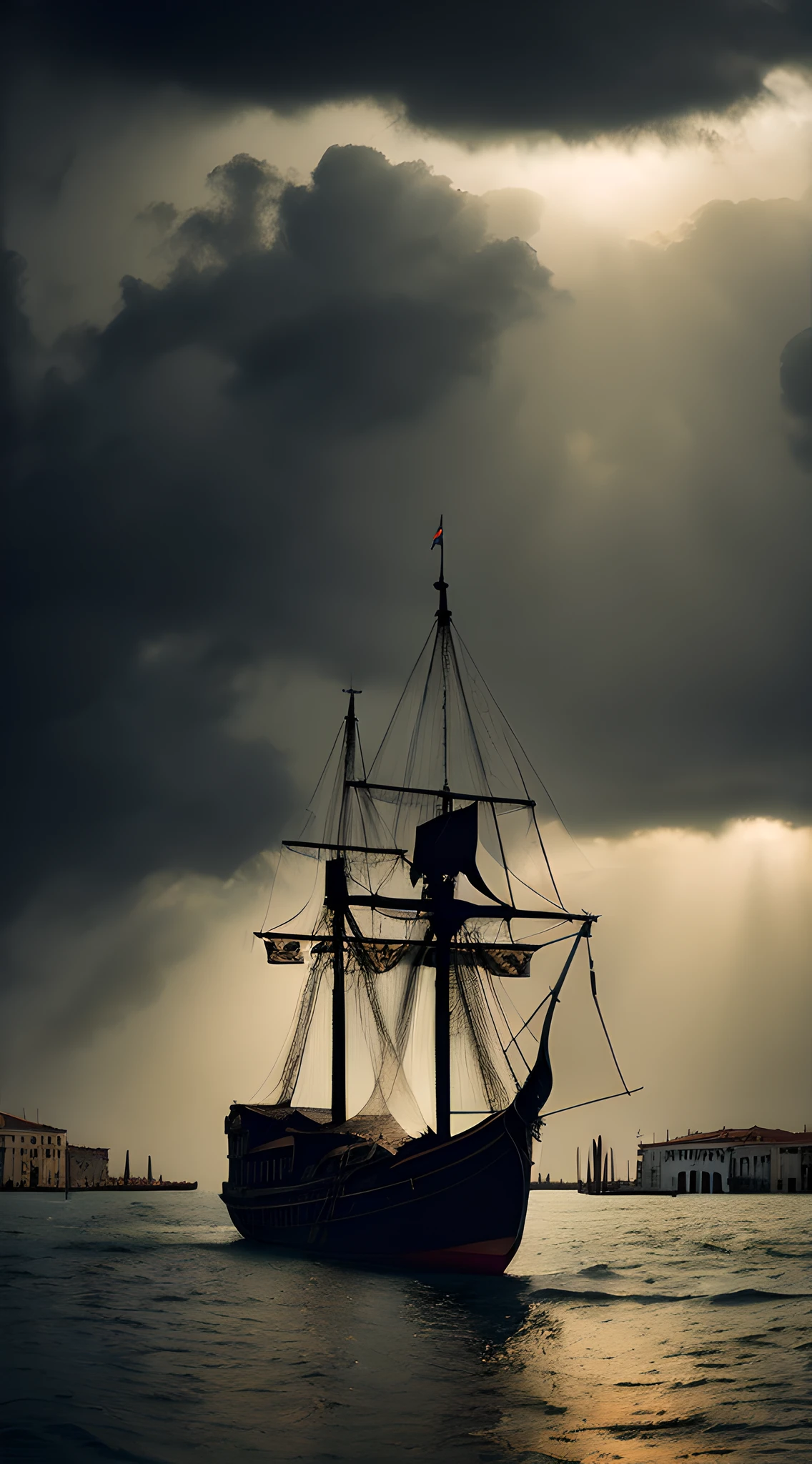 (best quality, ultra high res, CGI, official art:1.2), 14th-century trade ship, (anchored outside the port of medieval Venice:1.2), majestic masts, tattered sails, (representing the spirit of maritime trade:1.1), brooding atmosphere, overcast sky, choppy waters, distant silhouette of iconic Venetian architecture, Gothic arches, elaborate facades, (inspired by Greg Rutkowski's style:1.3), moody lighting, fine details, textured surfaces, dark and muted colors, capturing the haunting essence of the bubonic plague era.