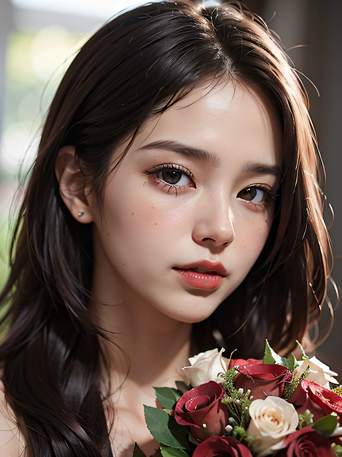 (((A woman on the left, a man on the right, two eyes looking at each other affectionately)))) Woman wearing gold threads, Woman holding a bouquet of red roses, (Man is very handsome, tall and strong), skin pores, Skin blemishes, Highly detailed hair, Sharp body, Highly detailed body, Highly detailed skin, Highly detailed face, Highly detailed eyes ,sharp focus, Crazy details, beautiful face, (photo realistic: 1.3),