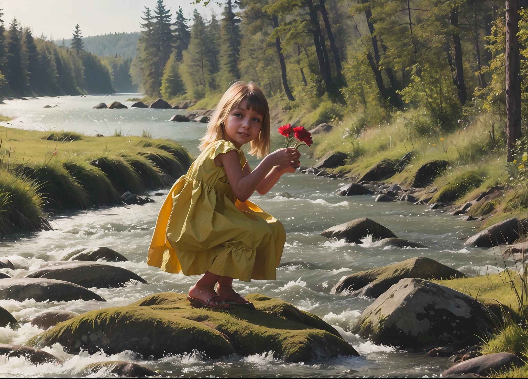 A -yead blo girl, picking flowers by the river, summer color scheme, illustration for children