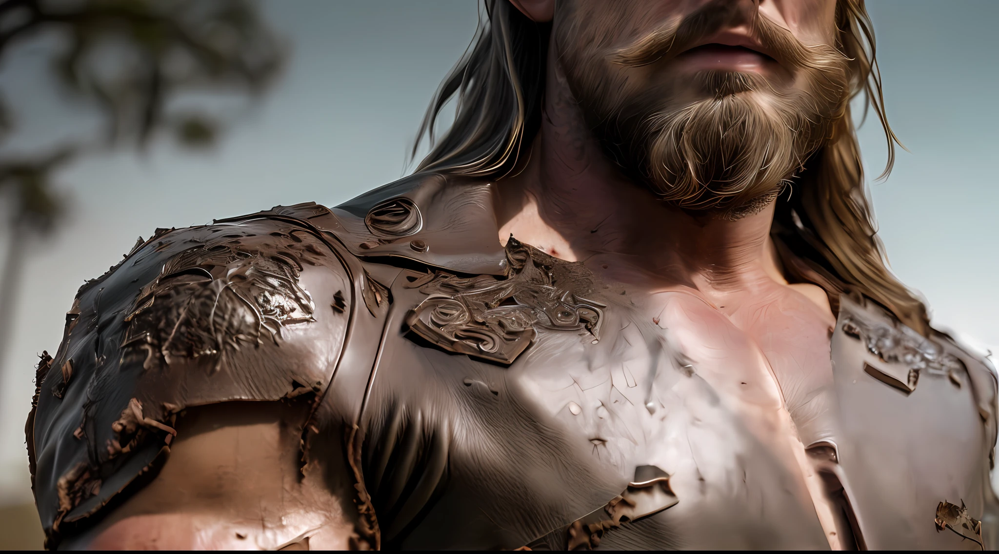 (Cinematic Photo:1.3) of (Ultra detailed:1.3) photo of the most beautiful artwork in the world featuring soft lustrous, ((epic heroic fantasy muscular rugged wet wounded hero man angry looking with long hair and long beard and fierce looking in a dynamic posture)), chest, full face,(dark background:1.4) (epic realistic, hdr, intricate details, hyperdetailed, cinematic, rim light, muted:1.5), ((fantastic location, majestic cluttered environment)), skin pores, very dark lighting, heavy shadows, detailed, detailed face, (photo realistic, dramatic, dark, sharp focus, 8k), (weathered damaged old worn leather outfit:1.5), (intricate:1.4), decadent, (highly detailed:1.4), octane render, sharp focus, heavy rain, particles floating, (Cinemacolor:1.3)