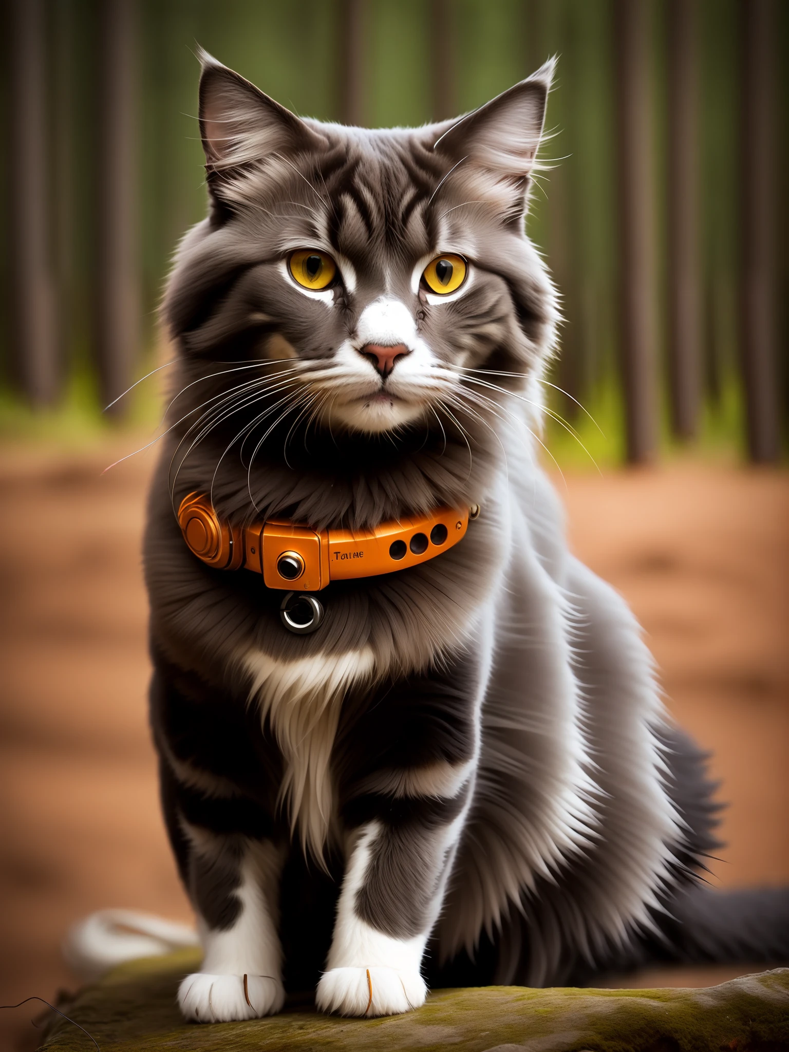 a Norwegian forest cat, Norwegian Forest breed, orange color, made of metal, (cyborg:1.1), ([tail | detailed wire]:1.3), (intricate details), hdr, (intricate details, hyperdetailed:1.2), cinematic plane, vignette, centered