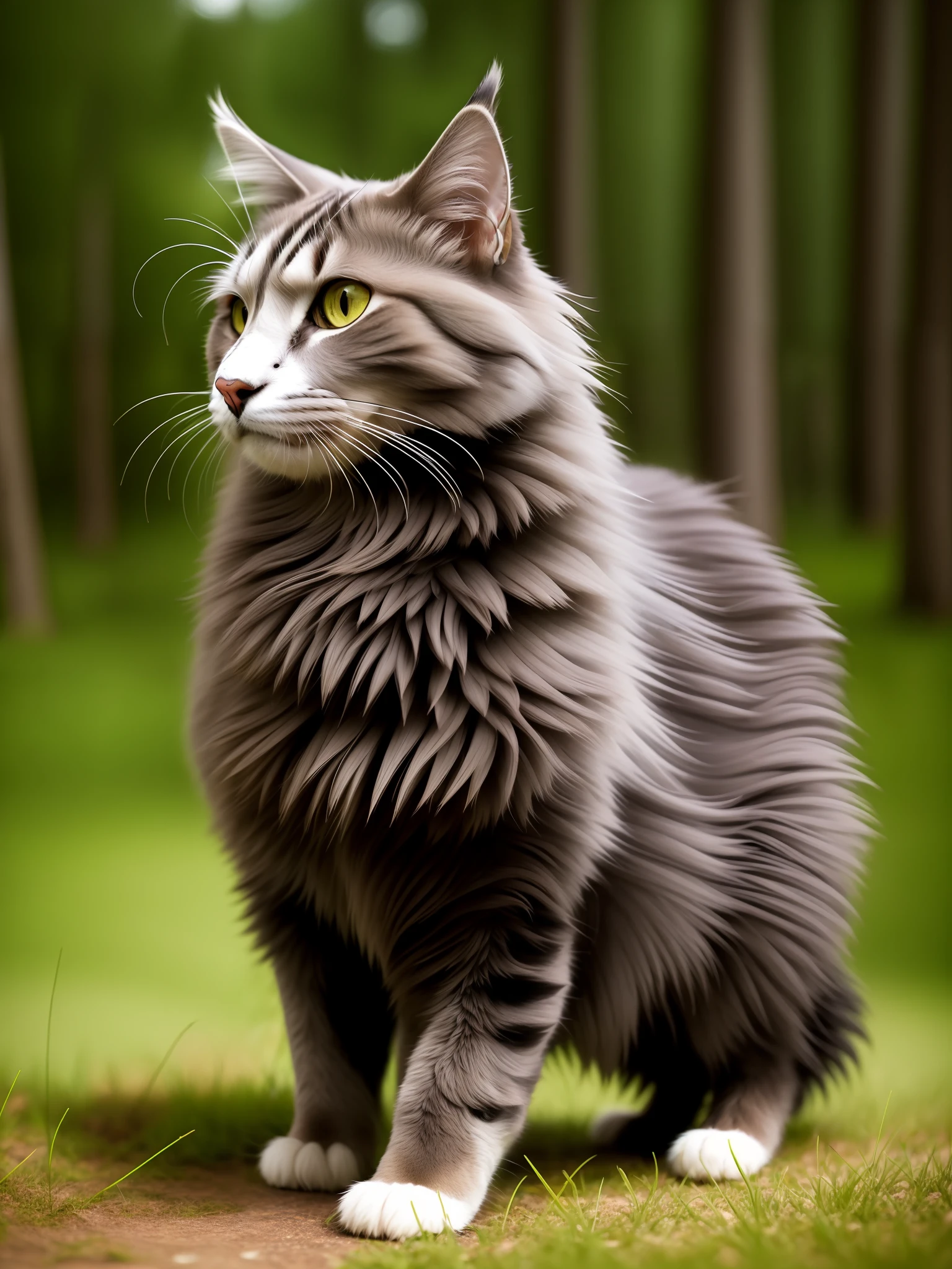 a Norwegian forest cat, Norwegian Forest breed, made of metal, (cyborg:1.1), ([tail | detailed wire]:1.3), (intricate details), hdr, (intricate details, hyperdetailed:1.2), cinematic shot, vignette, centered