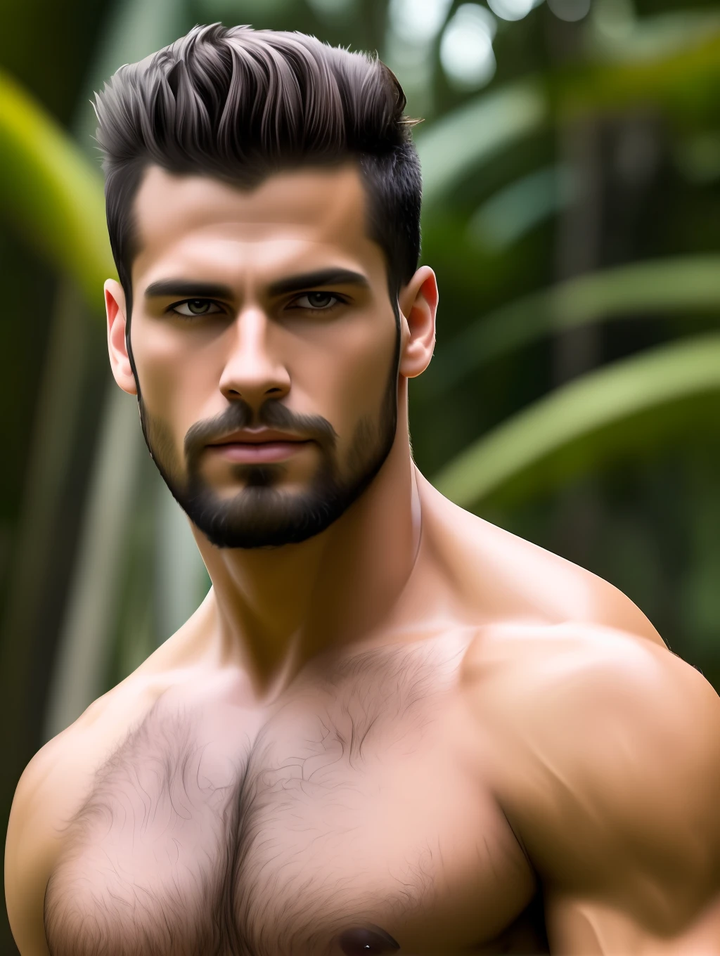 Masterpiece, creat a high resolution Portrait. Brazilian 4 family young and mature handsome men in a heavenly tropical beach, wearing beachwear clothing, windy hair, hairy body, very masculine men ,traditional, hairy chest, paradise beach, fitted, wisdome, shirtless, trees, exposed, intimate, slim, modeling, weapons, realistic, extremely dynamic action poses, low angle shot.