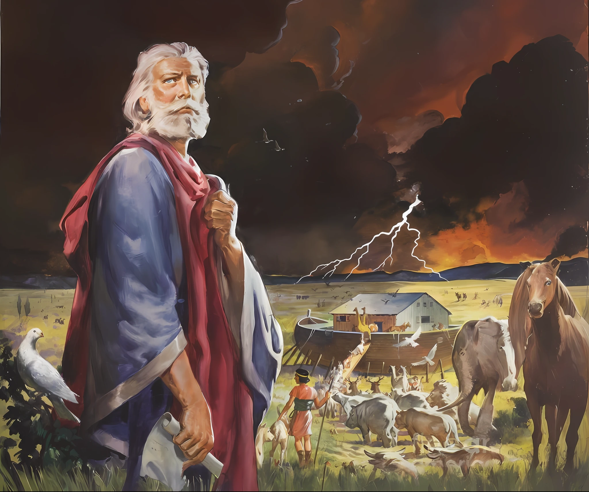 painting of a man with a beard and a red cape standing in a field with animals, by Leonard Long, moses, epic biblical depiction, biblical painting, by Mort Künstler, by Juan O'Gorman, by Daniel Taylor, by Alexander Scott, by Sam Bosma, by Wayne England, by Amos Ferguson, by Ignacio Zuloaga